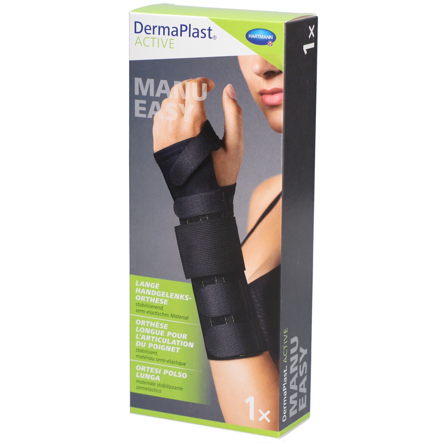 Verpackung mit Handgelenkorthese. Schwarze Orthese mit Klettverschlüssen. Marke und Produktname sichtbar.