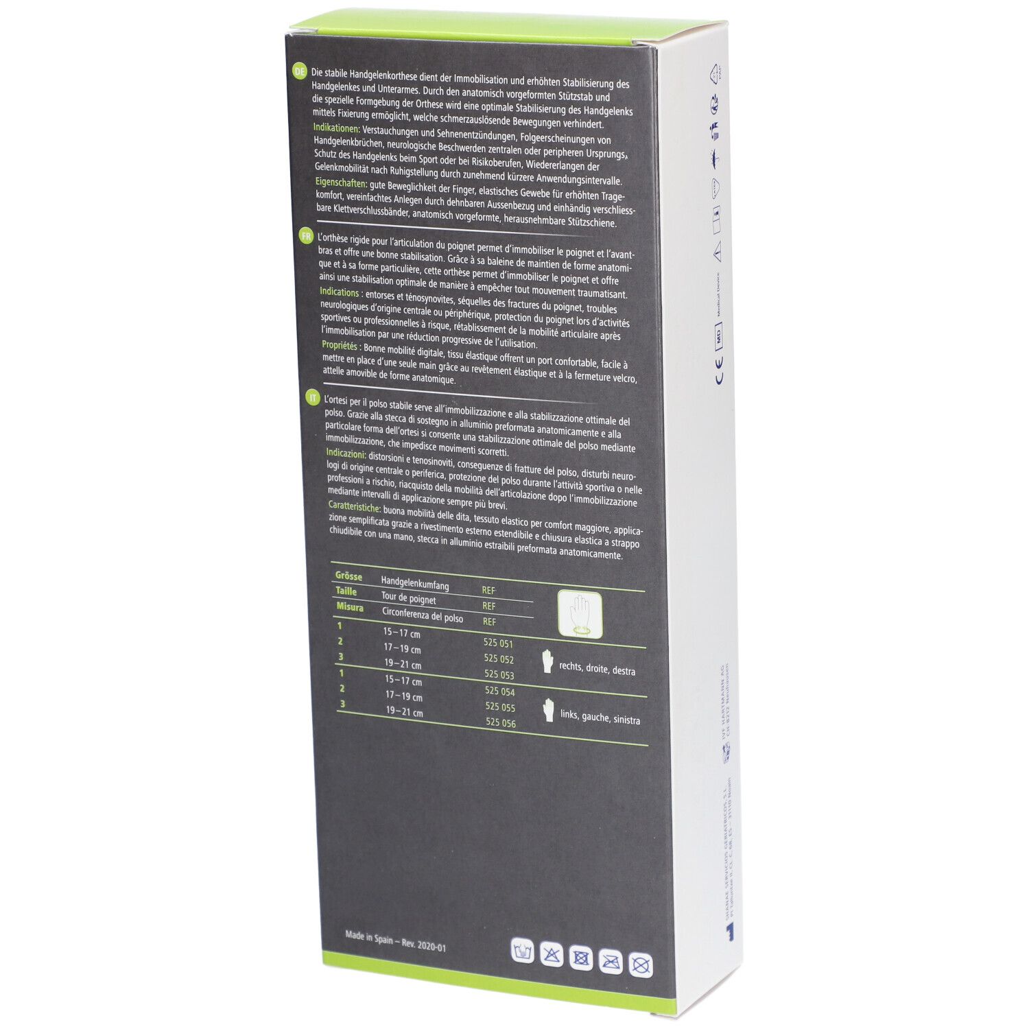 Rückseite der Verpackung. Text in mehreren Sprachen. Größentabelle. Waschsymbole.