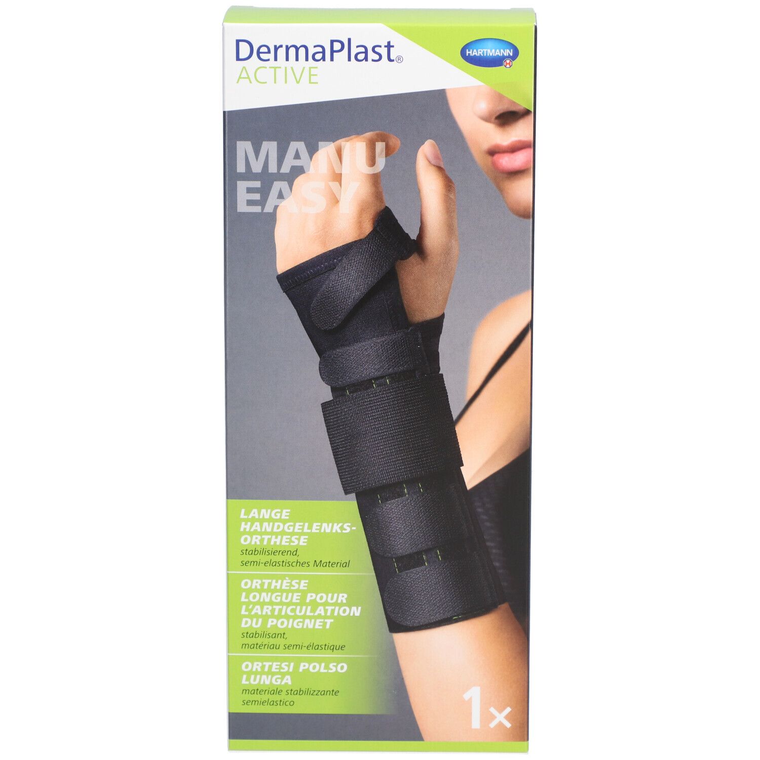 Verpackung mit Handgelenkorthese. Schwarze Orthese mit Klettverschlüssen. Marke und Produktname sichtbar.