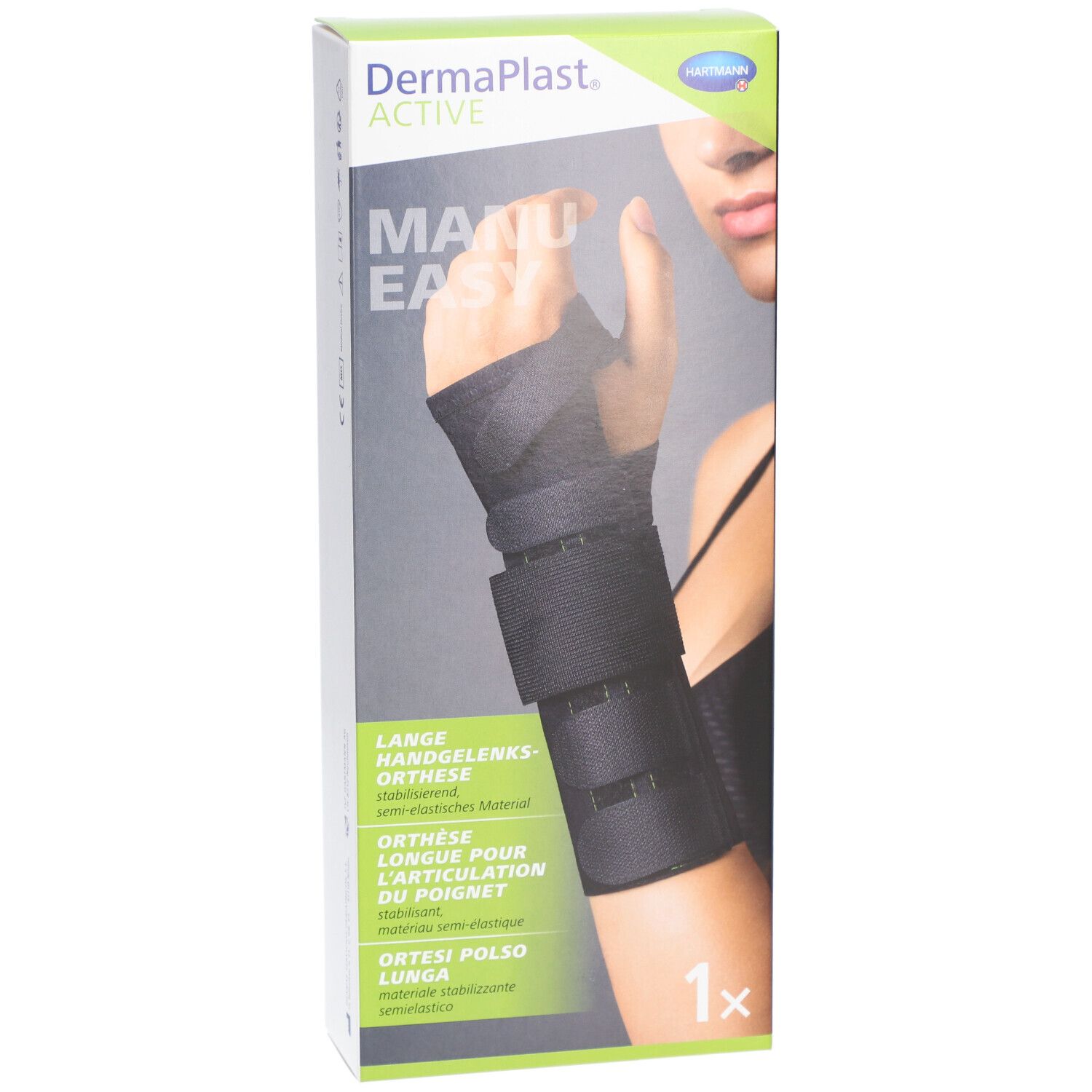 Verpackung mit Handgelenkorthese. Schwarze Orthese mit Klettverschlüssen. Marke und Produktname sichtbar.