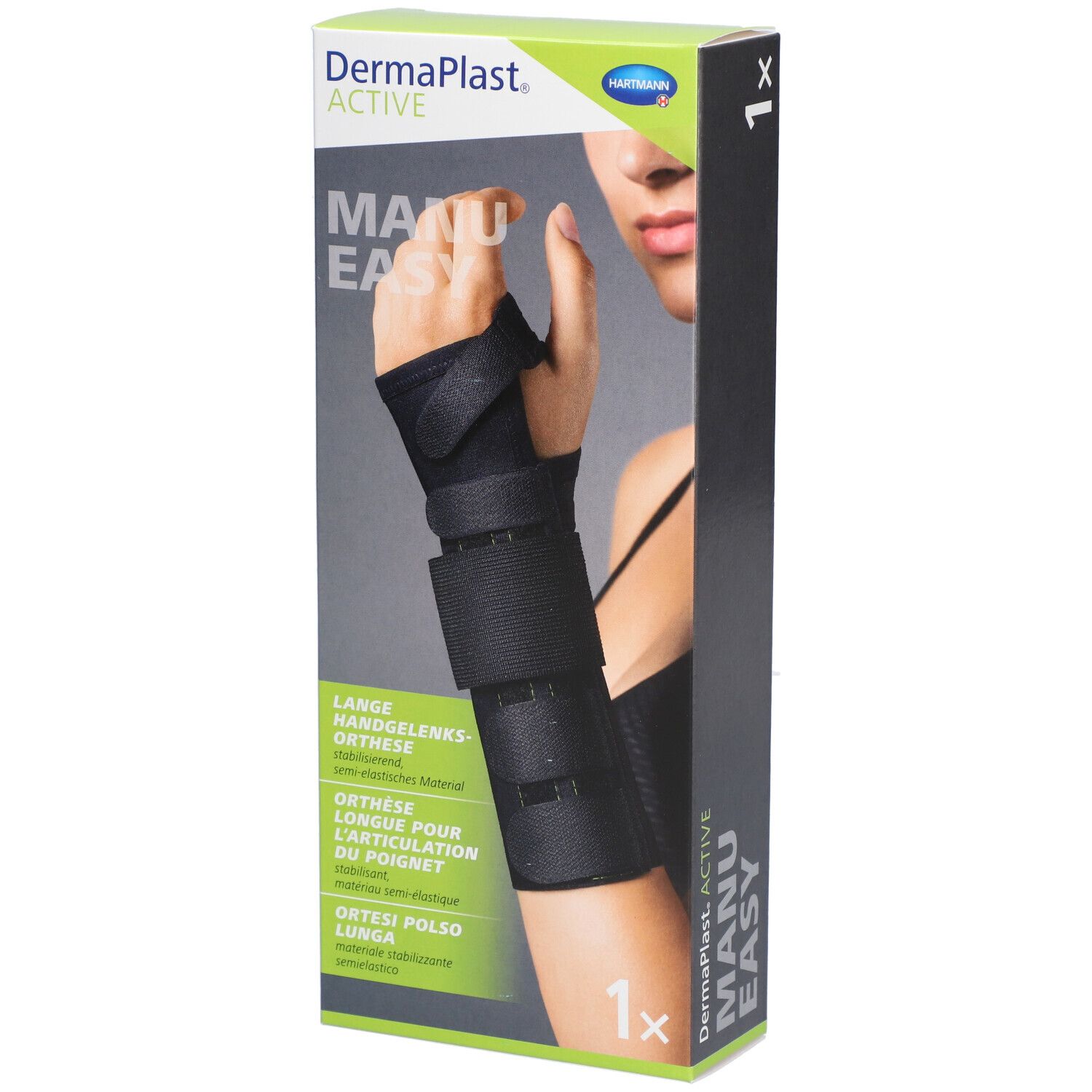 Boîte de l'orthèse de poignet. Noire, avec fermetures velcro. Marque : Dermaplast Active Manu Easy. Image d'une main avec l'orthèse.