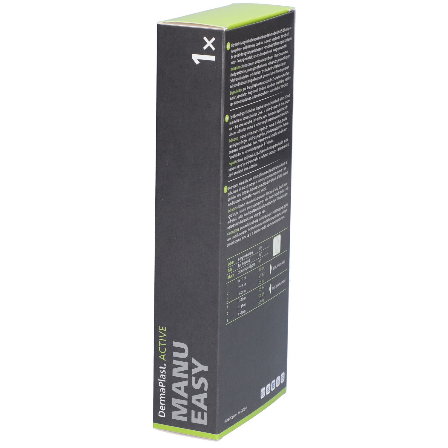 Vue latérale de l'emballage. Marque : Dermaplast Active Manu Easy. Texte en allemand, français, italien, néerlandais. 1x.