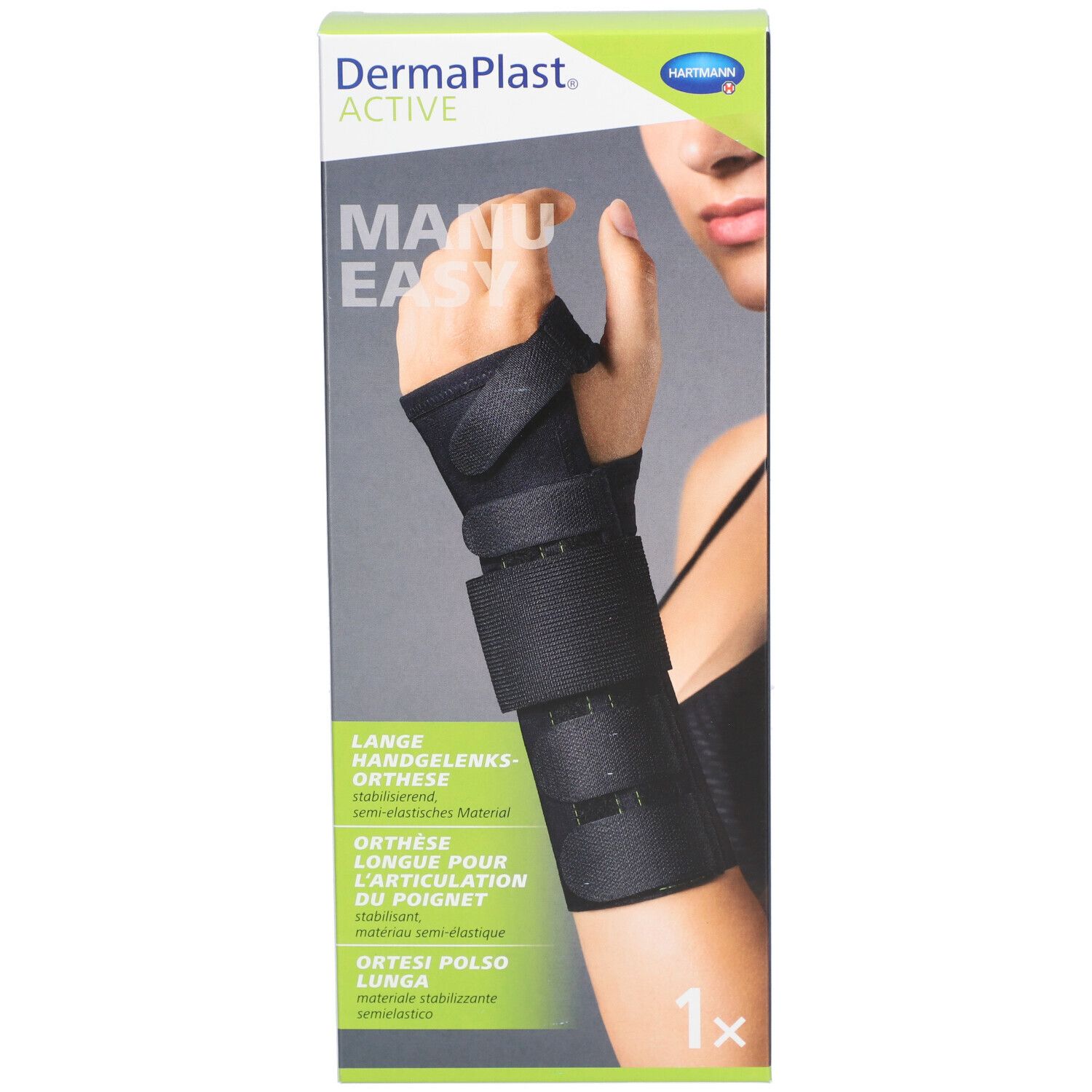 Boîte de l'orthèse de poignet. Noire, avec fermetures velcro. Marque : Dermaplast Active Manu Easy. Image d'une main avec l'orthèse.