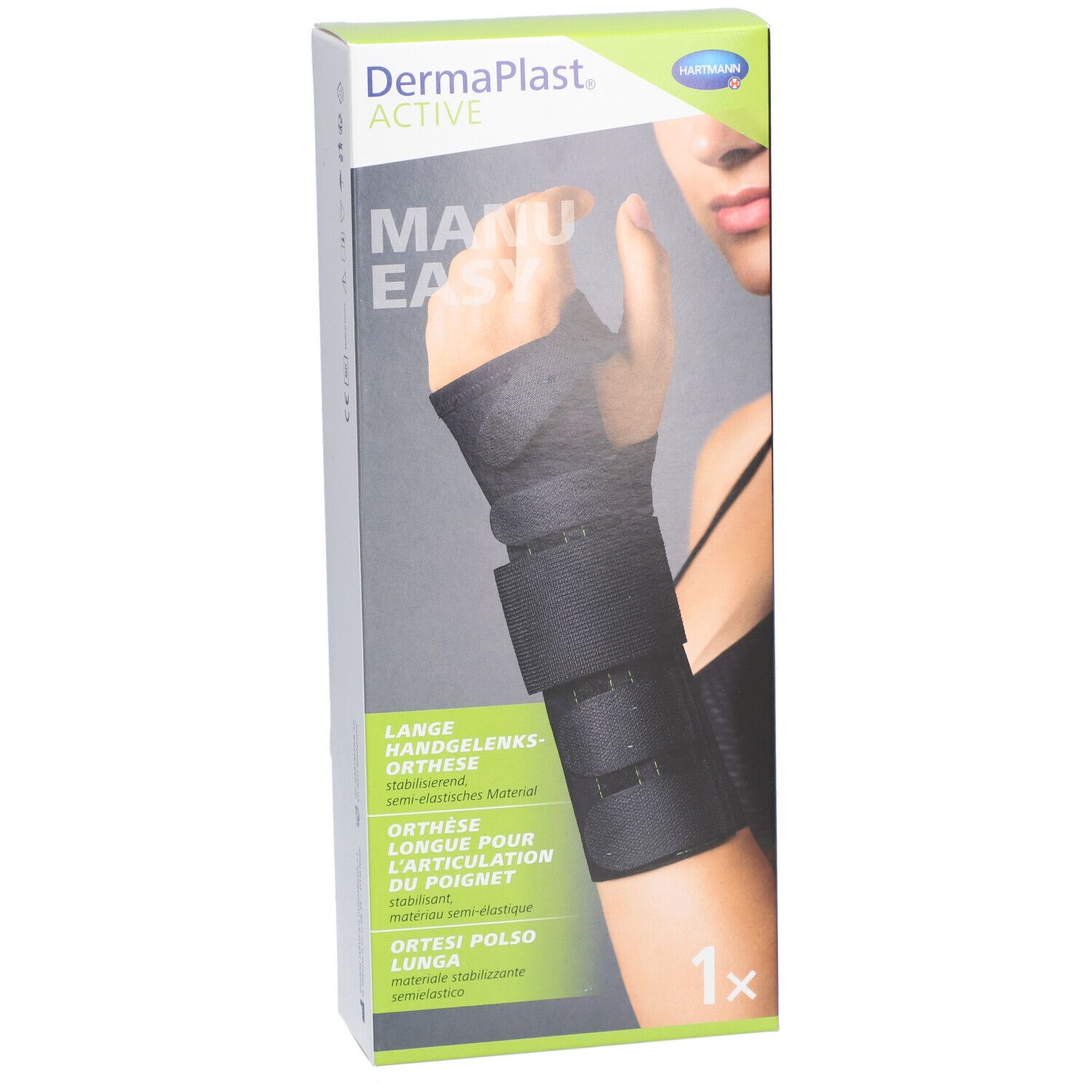 Boîte de l'orthèse de poignet. Noire, avec fermetures velcro. Marque : Dermaplast Active Manu Easy. Image d'une main avec l'orthèse.