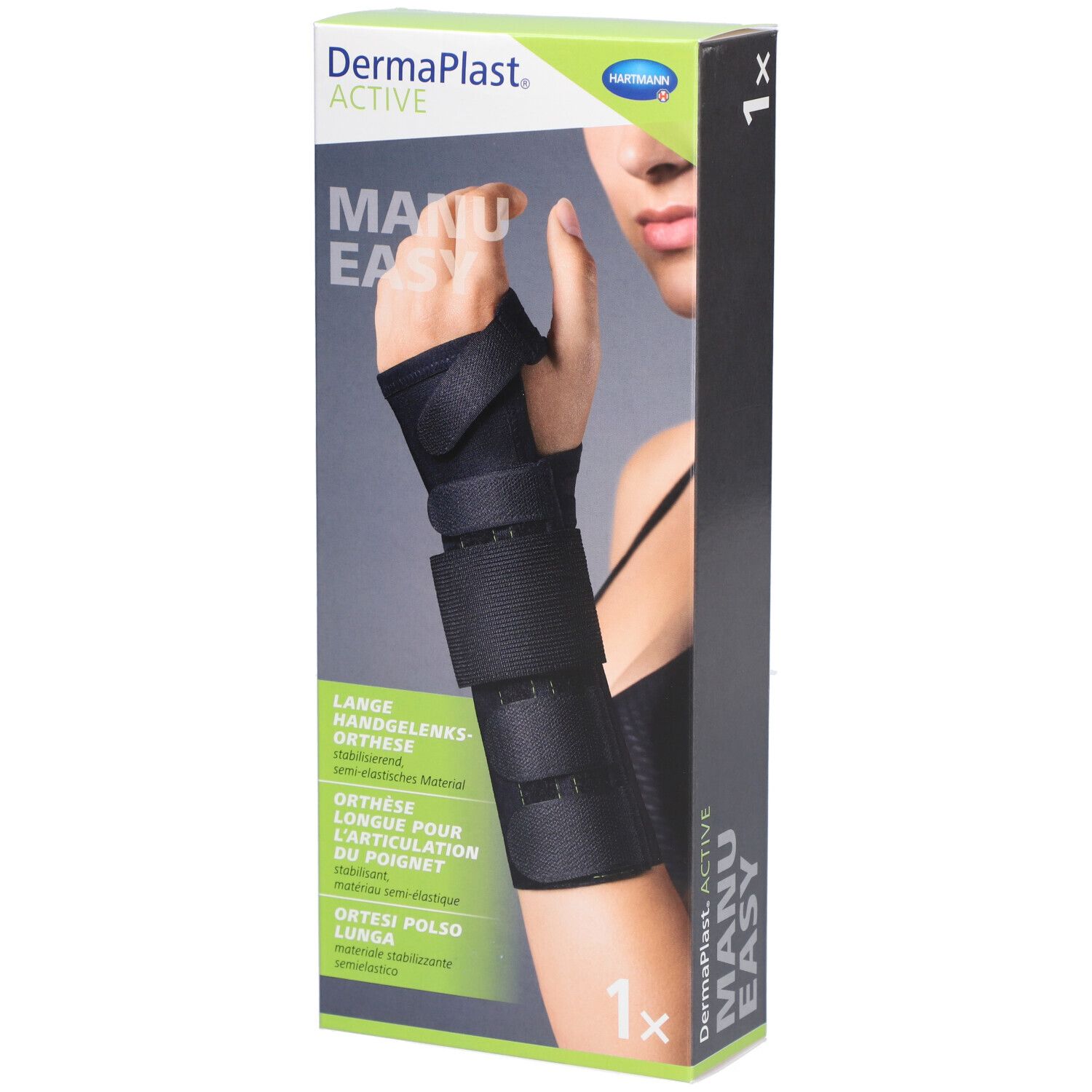 Schwarze Handgelenkorthese in Verpackung. Marke und Produktbezeichnung sichtbar. Abbildung einer Hand mit Orthese.