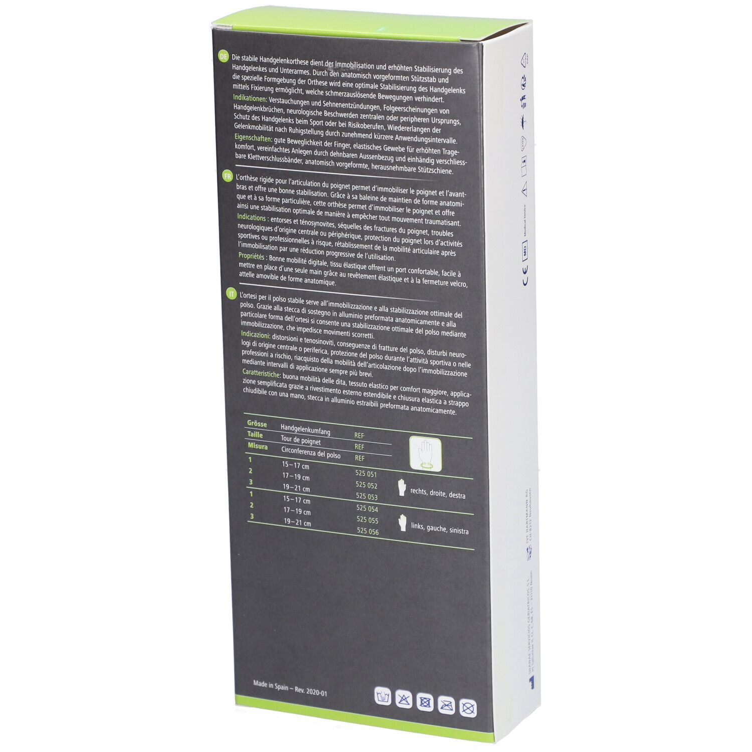 Rückseite der Verpackung mit Produktinformationen und Größentabelle. Text in mehreren Sprachen.