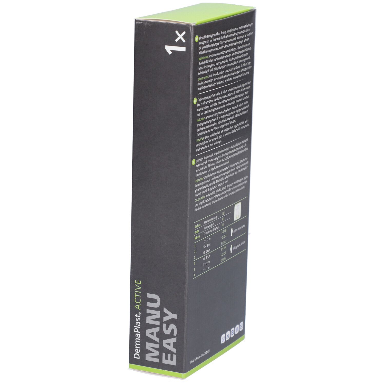 Seitenansicht der Verpackung mit Produktnamen und Logo. Enthält eine Größentabelle.