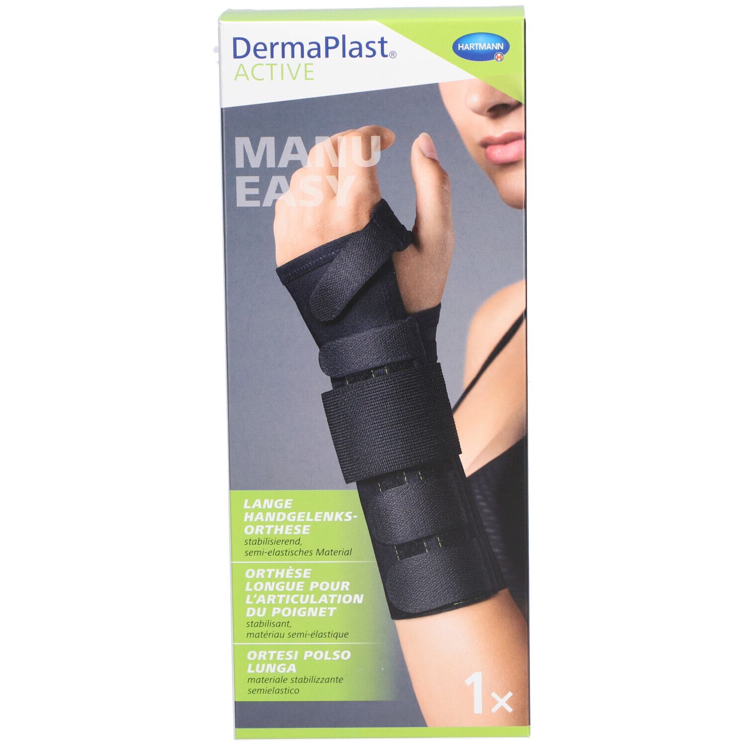 Handgelenkorthese in Verpackung. Marke und Produktbezeichnung sichtbar. Abbildung einer Hand mit Orthese.