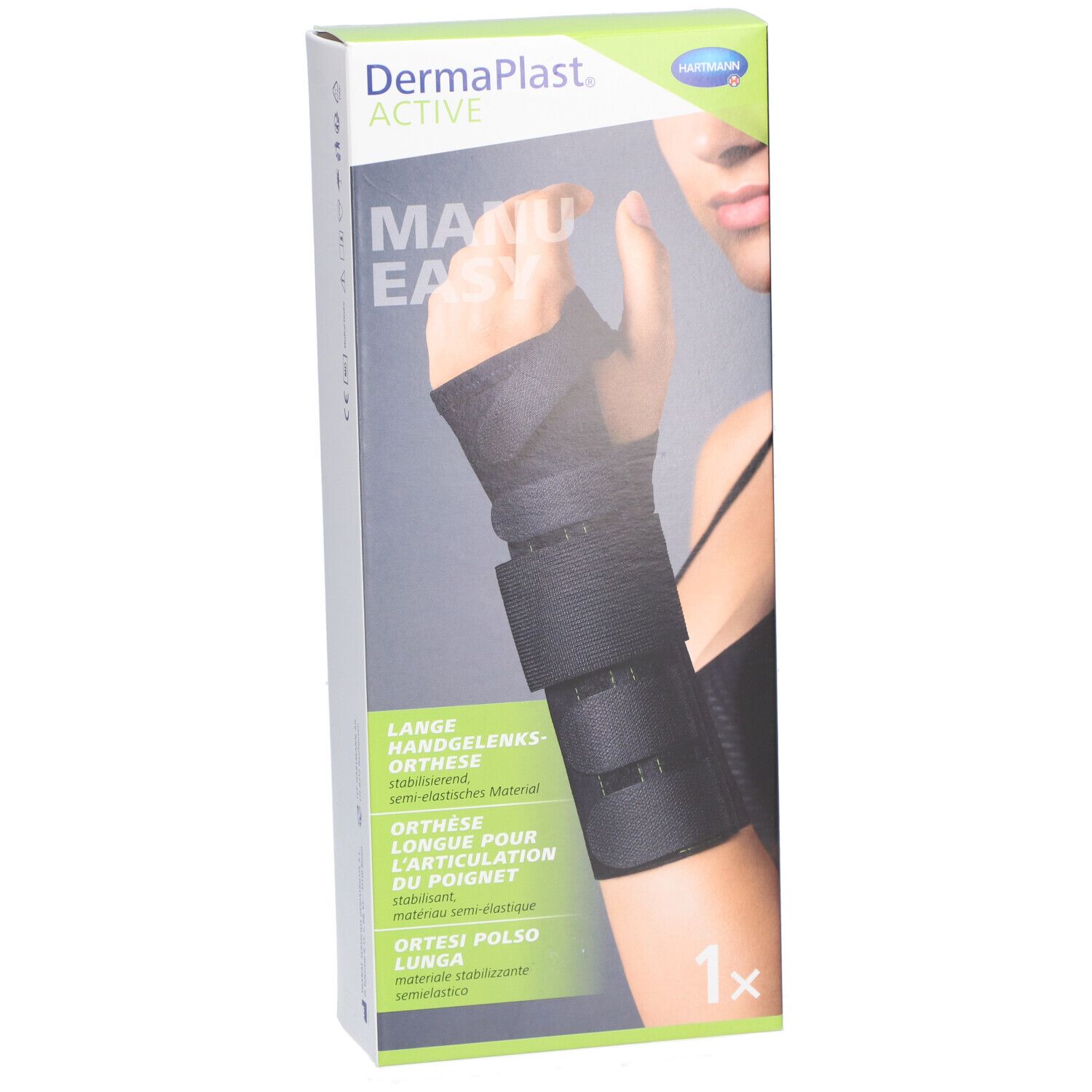 Handgelenkorthese in Verpackung. Marke und Produktbezeichnung sichtbar. Abbildung einer Hand mit Orthese.