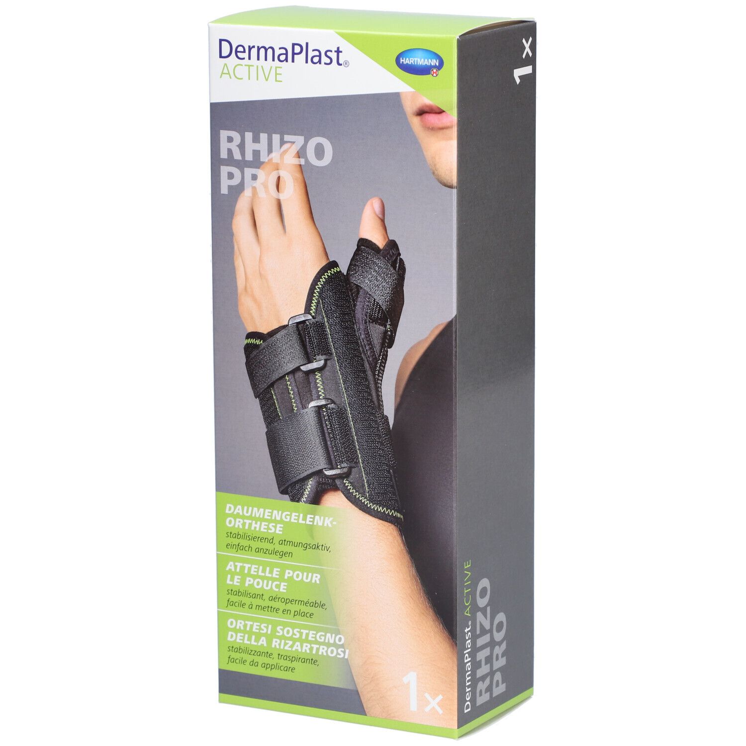 Emballage de Dermaplast® Aktiv Rhizo Pro 1 droit. Orthèse main noire et verte, 1 pièce. Inscription : Attelle pour le pouce.