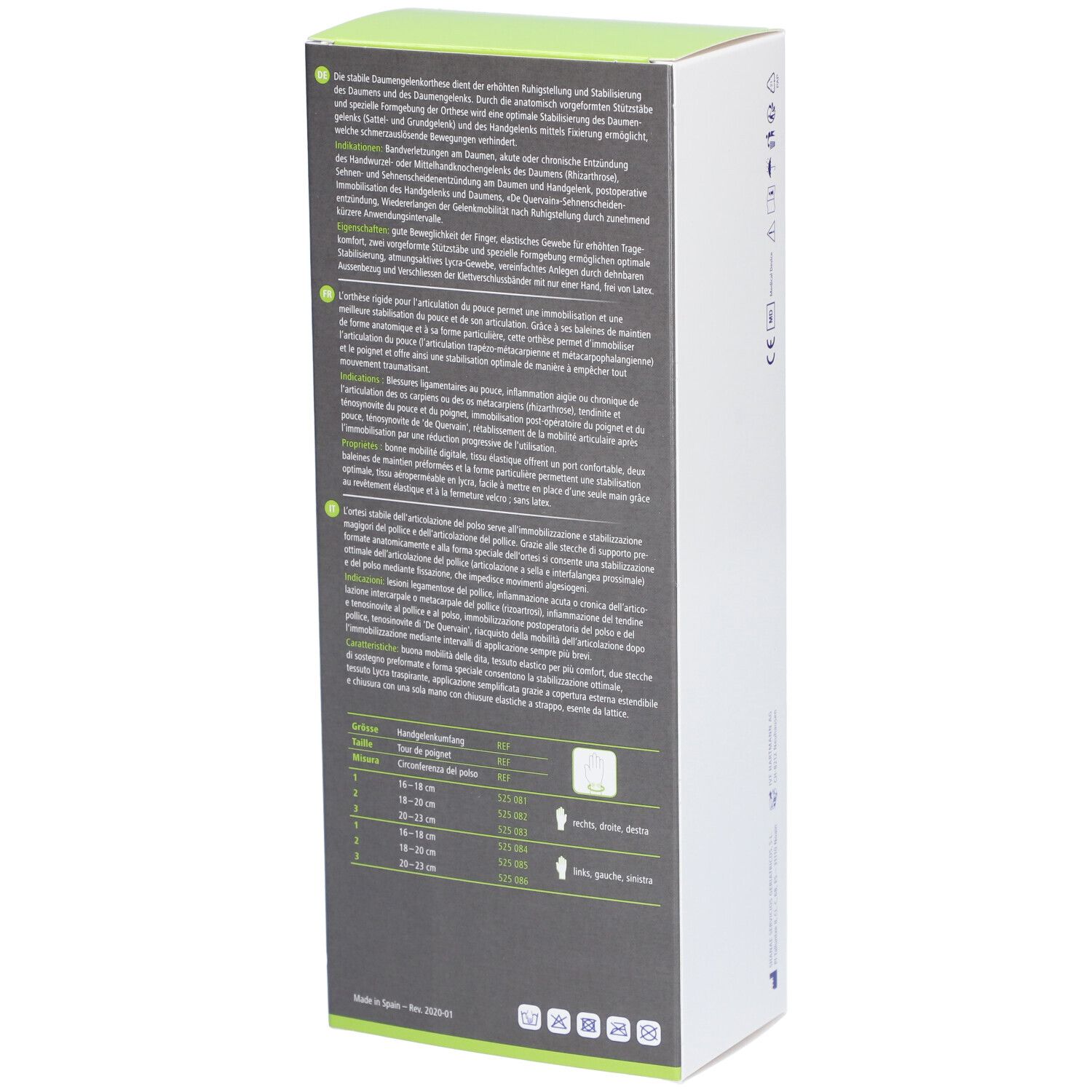 Dos de l'emballage Dermaplast® Aktiv Rhizo Pro. Texte en allemand, français et italien. Tableau des tailles.
