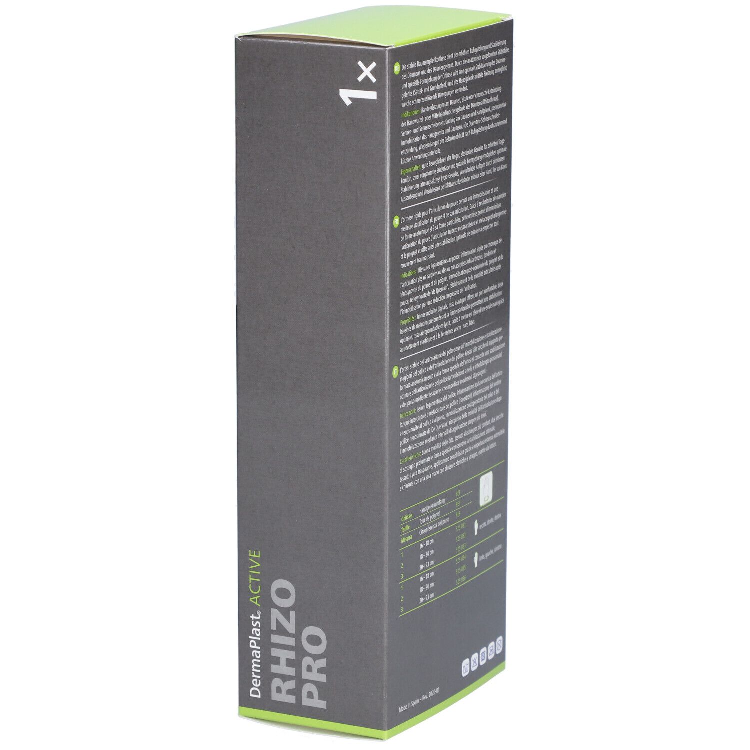 Emballage Dermaplast® Aktiv Rhizo Pro. Nom du produit, logo et tableau des tailles. 1 pièce. Emballage gris.