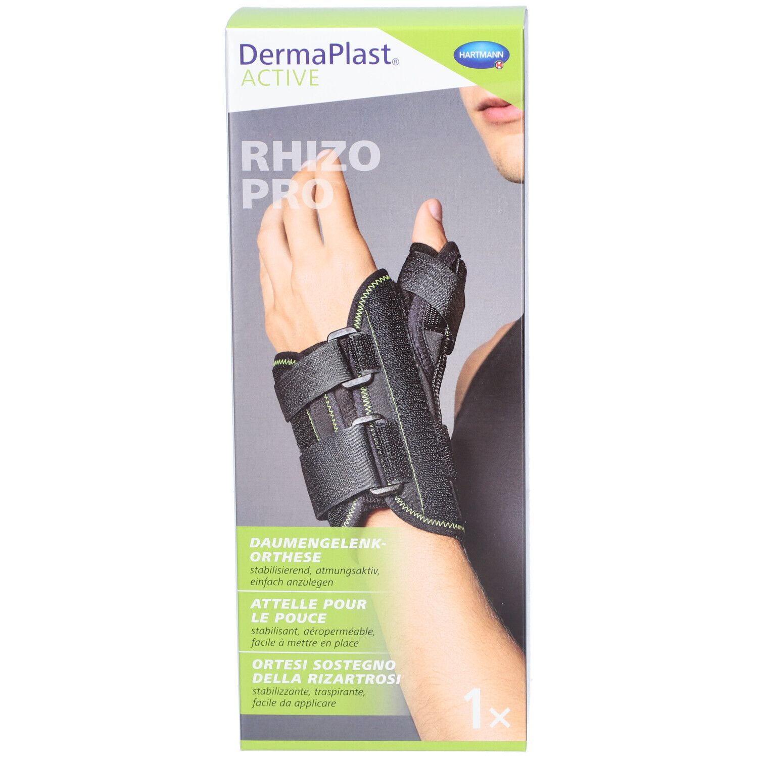Dermaplast® Aktiv Rhizo Pro 1 droit. Orthèse main noire et verte sur le poignet. Inscription : Attelle pour le pouce.