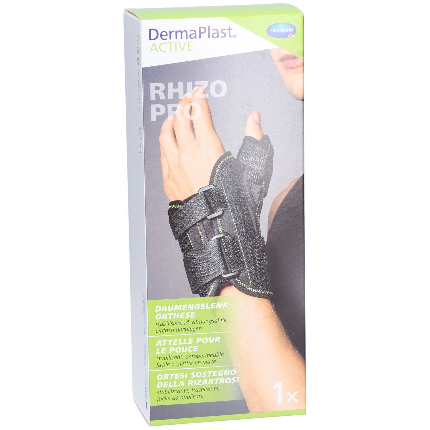 Dermaplast® Aktiv Rhizo Pro 1 droit. Orthèse main noire et verte. Inscription : Attelle pour le pouce. 1 pièce.