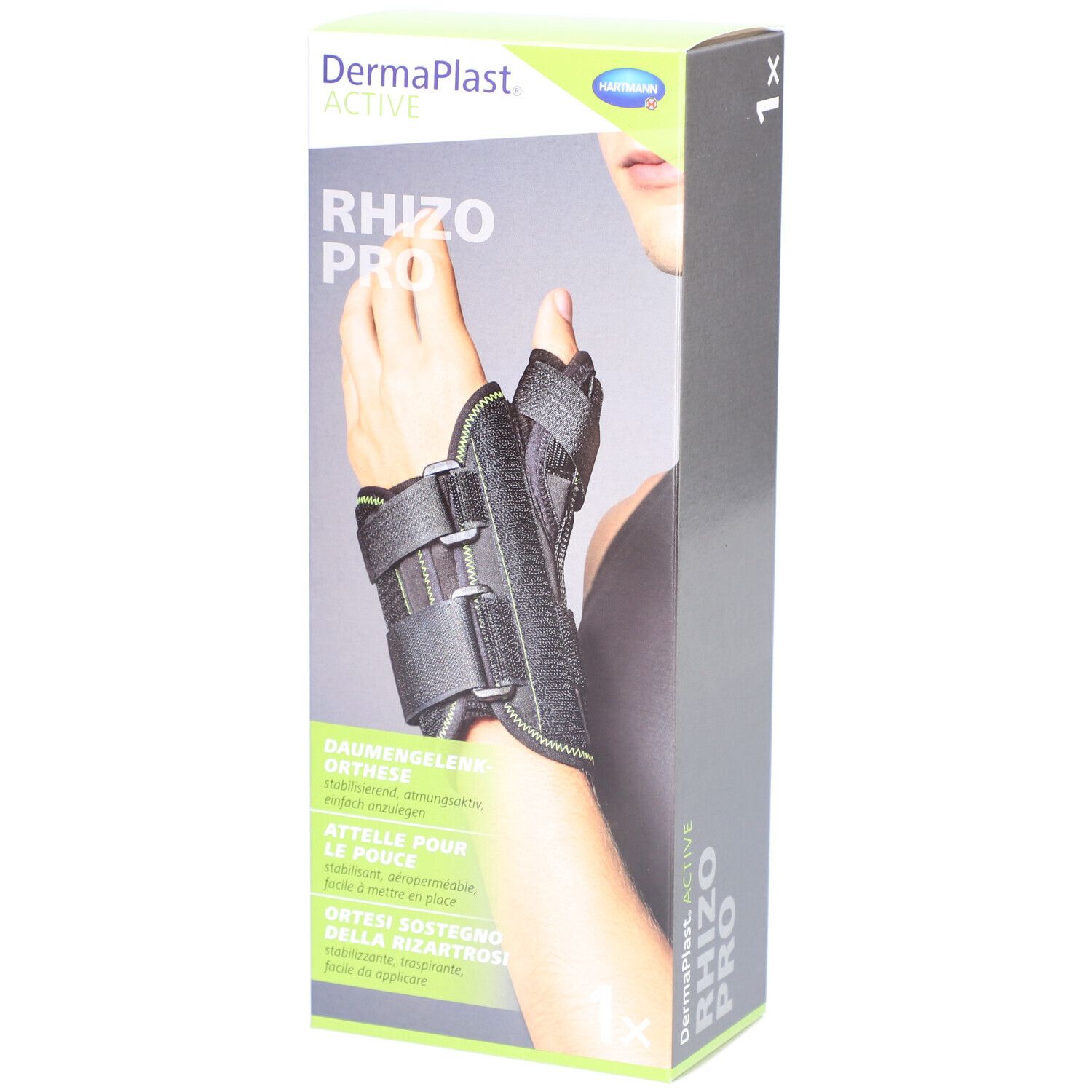 Dermaplast® Aktiv Rhizo Pro 3 gauche. Boîte, orthèse poignet noire et verte, taille XL.