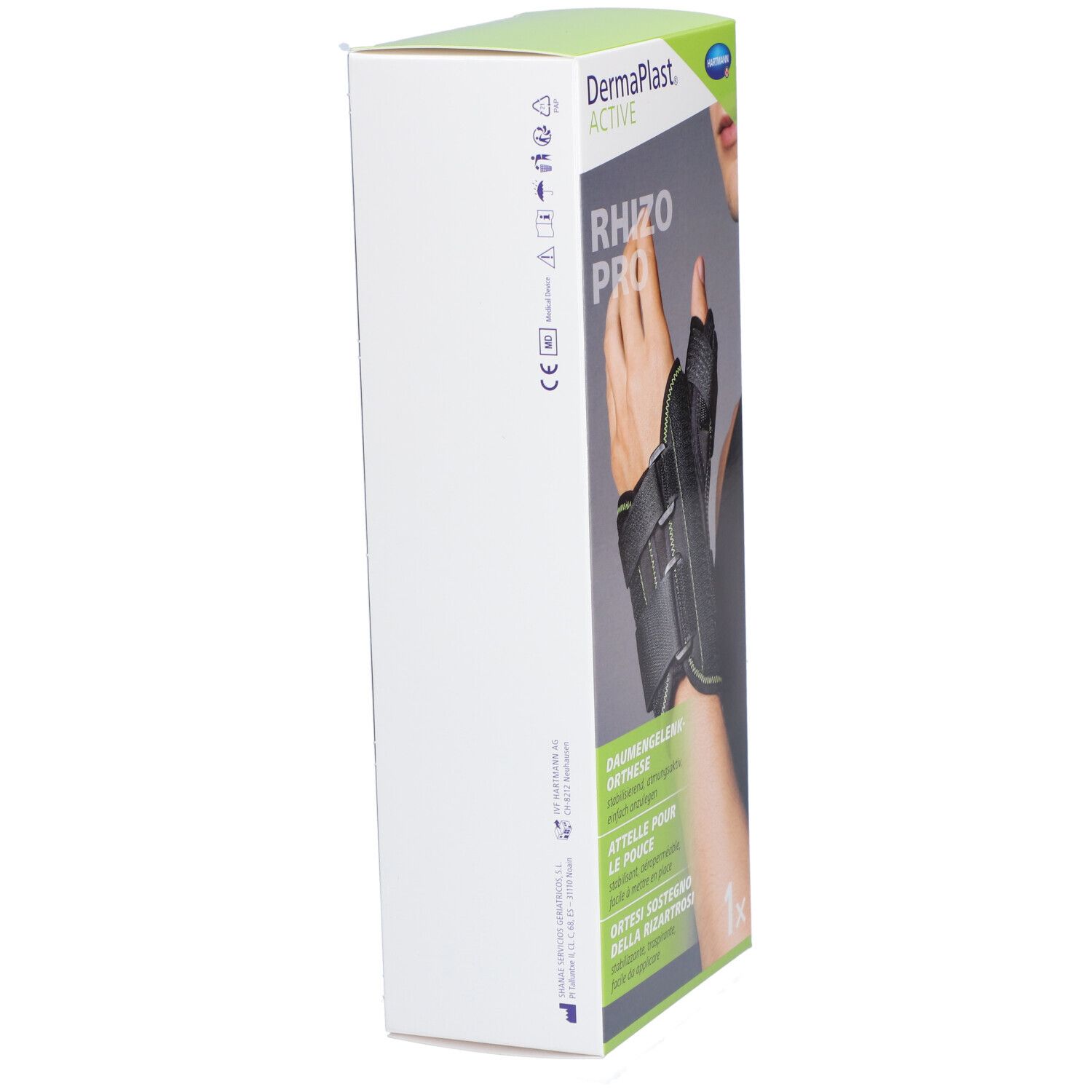 Dermaplast® Aktiv Rhizo Pro 3 gauche. Boîte, vue latérale. Texte, marquage CE, pictogrammes.