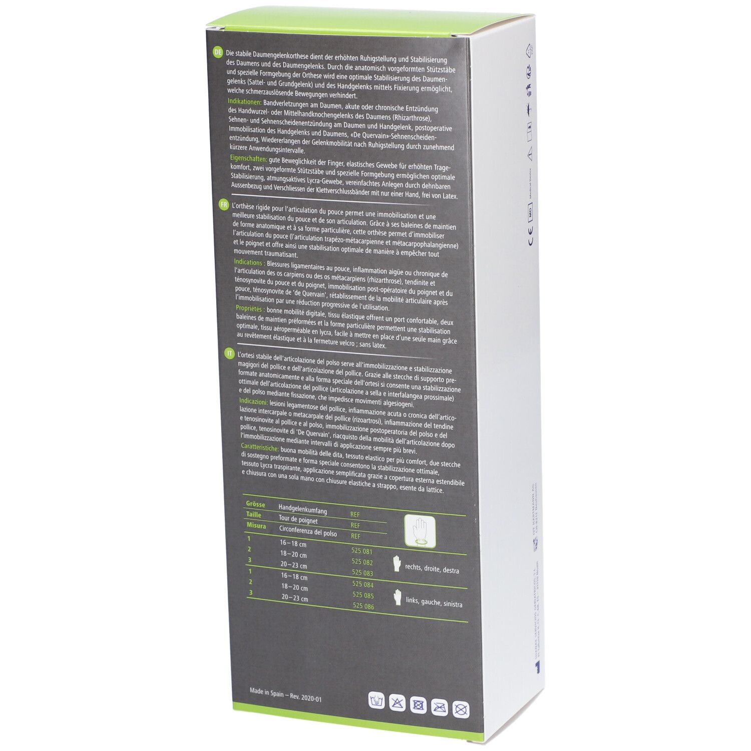 Dermaplast® Aktiv Rhizo Pro 3 gauche. Boîte, dos. Texte, tableau des tailles, informations.