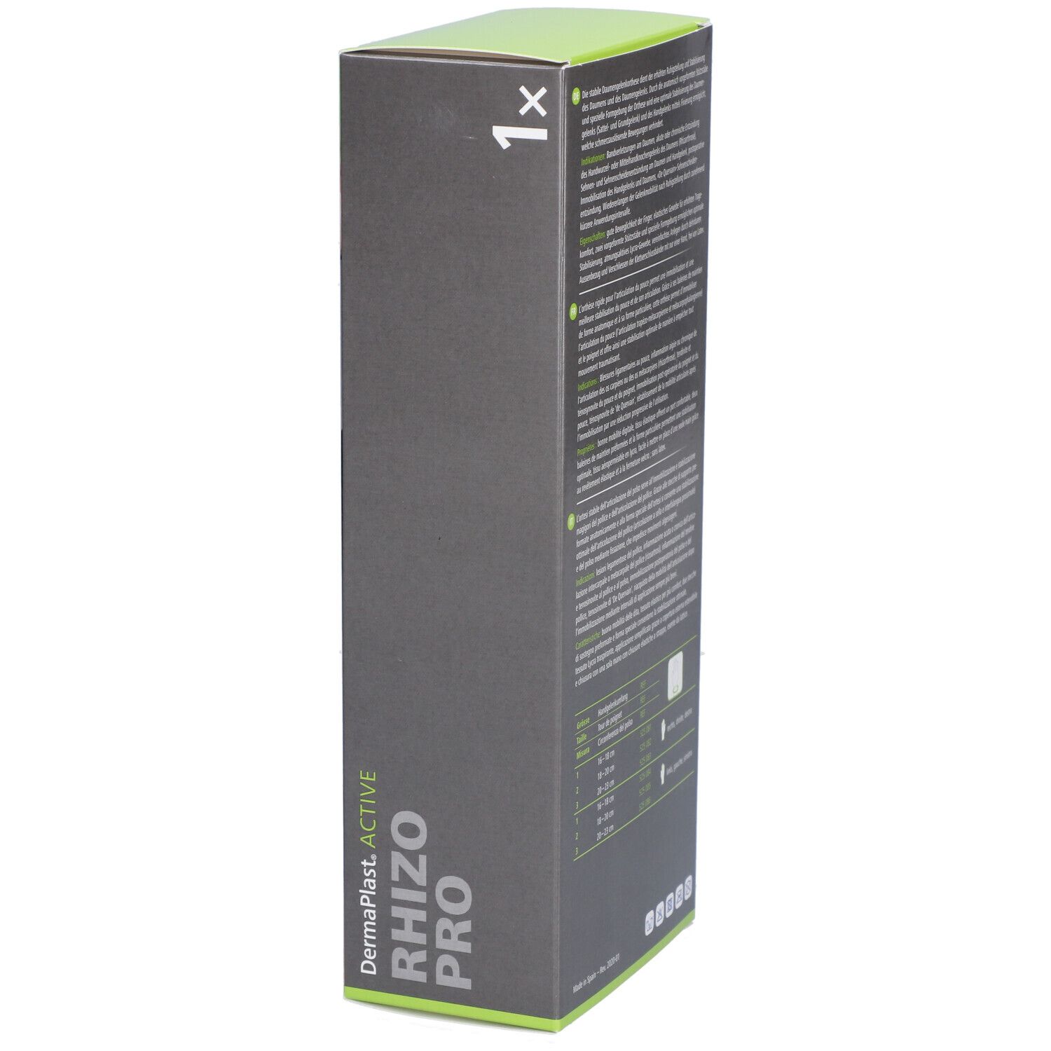 Dermaplast® Aktiv Rhizo Pro 3 gauche. Boîte, vue latérale. Texte, informations produit, 1x.