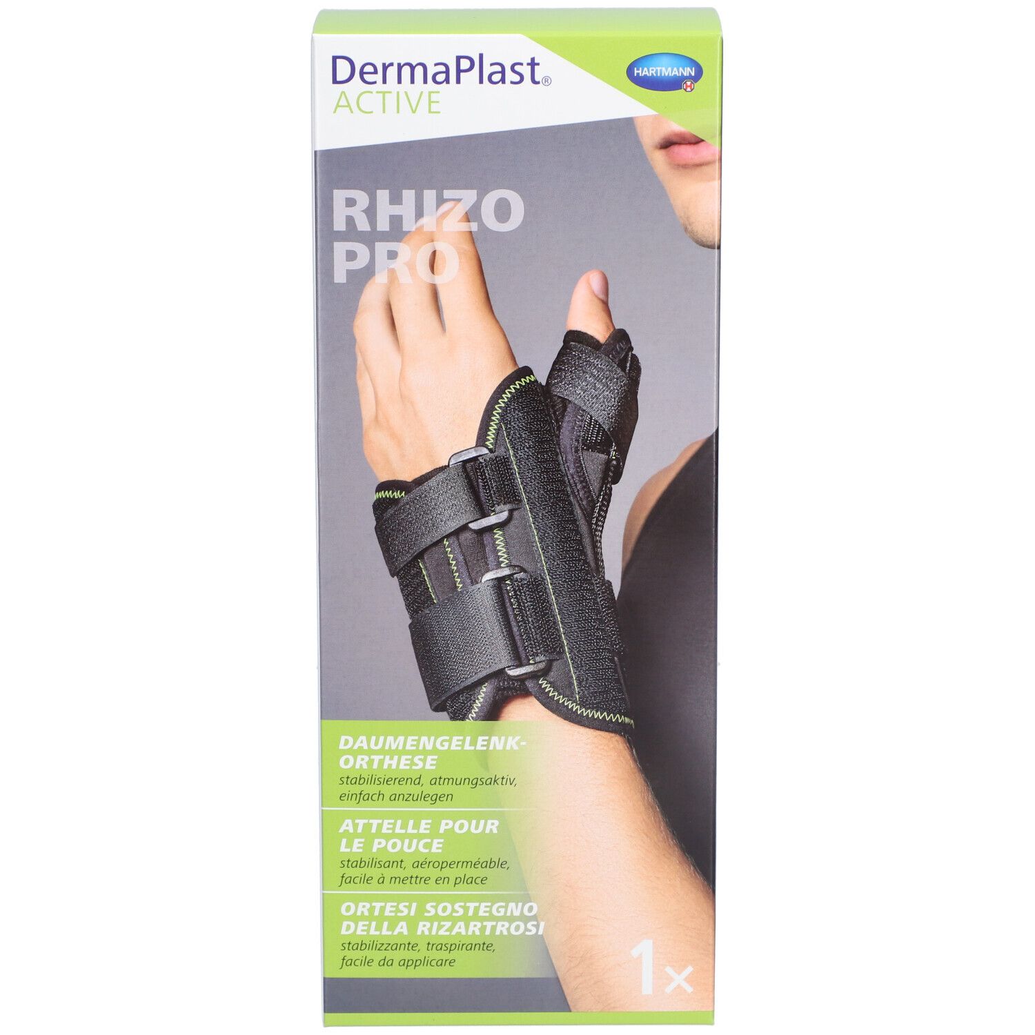 Dermaplast® Aktiv Rhizo Pro 3 gauche. Boîte, orthèse poignet noire et verte.