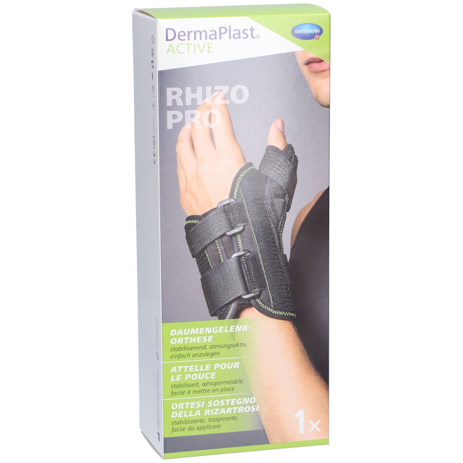 Dermaplast® Aktiv Rhizo Pro 3 gauche. Boîte, orthèse poignet noire et verte, 1x.