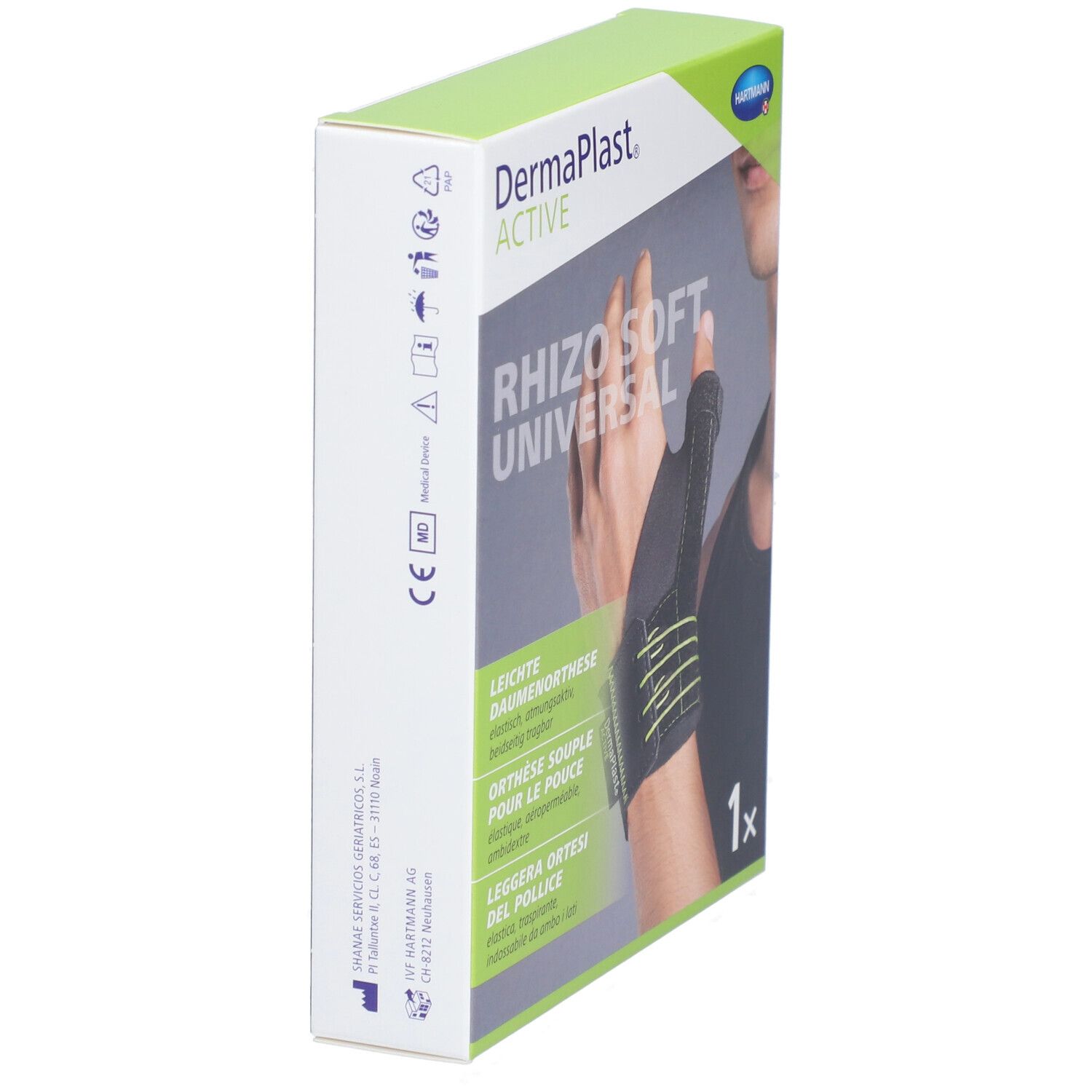 Vue latérale de l'emballage du produit. Nom du produit: Dermaplast Aktiv Rhizo Soft Universal. Texte et logo.