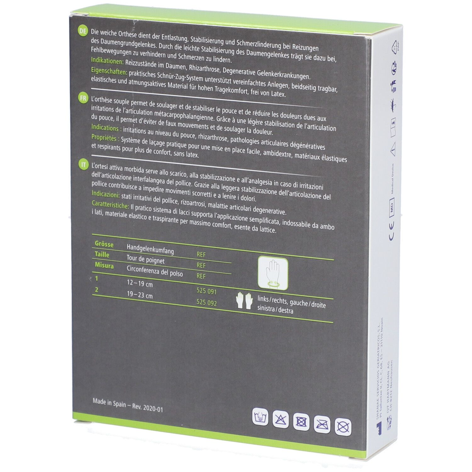 Dos de l'emballage du produit. Texte en allemand, français, italien. Informations de taille et pictogrammes.