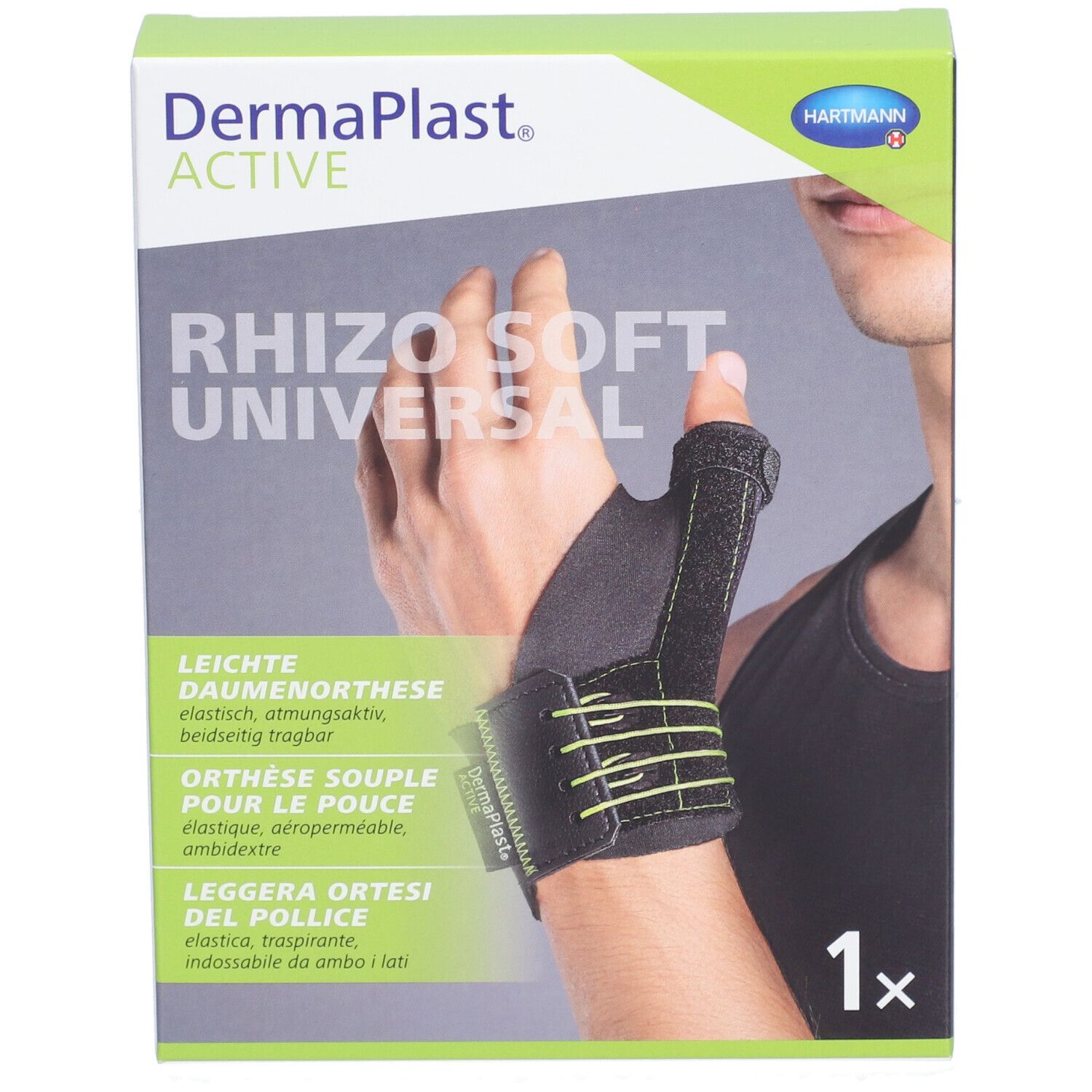 Emballage du produit. Image d'une main avec une orthèse du pouce. Nom du produit: Dermaplast Aktiv Rhizo Soft Universal.