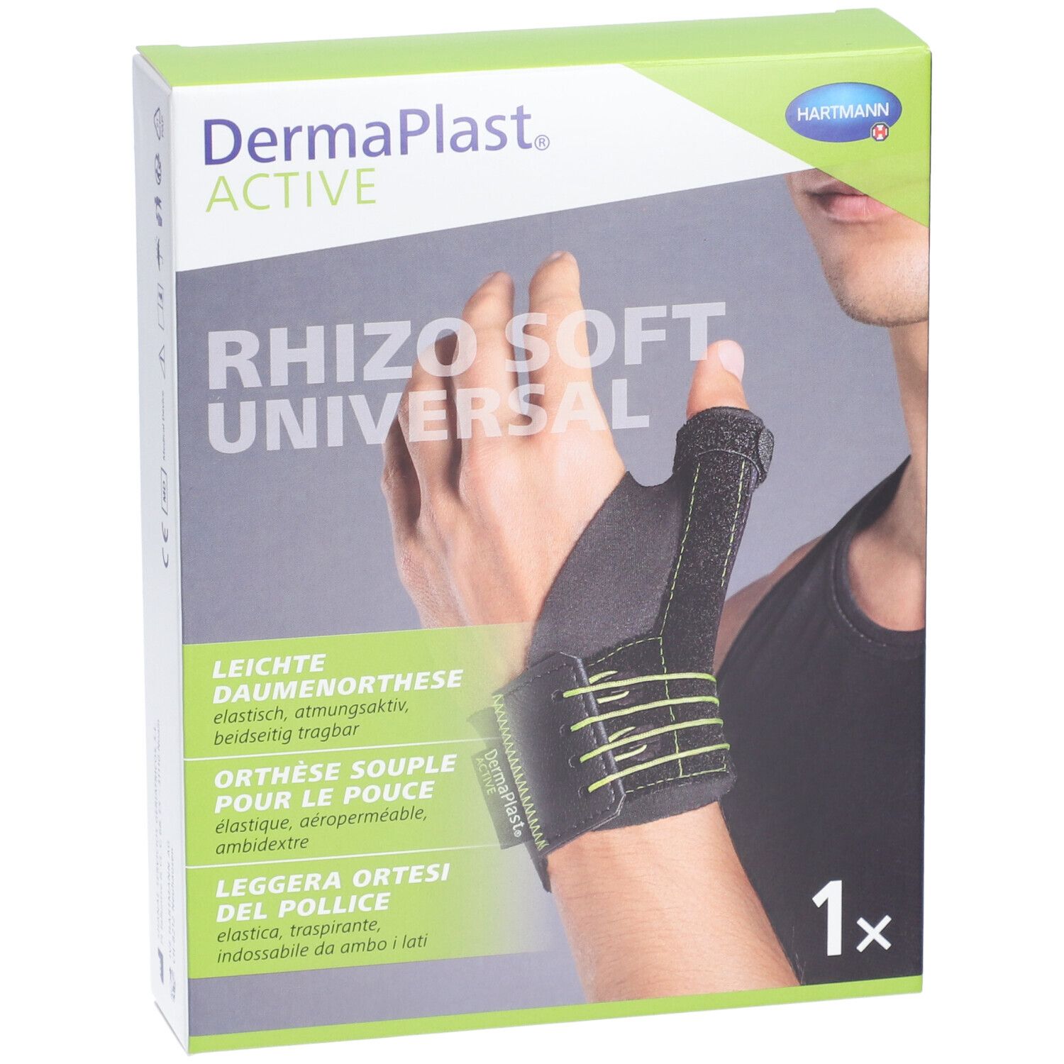 Emballage du produit. Image d'une main avec une orthèse du pouce. Nom du produit: Dermaplast Aktiv Rhizo Soft Universal.