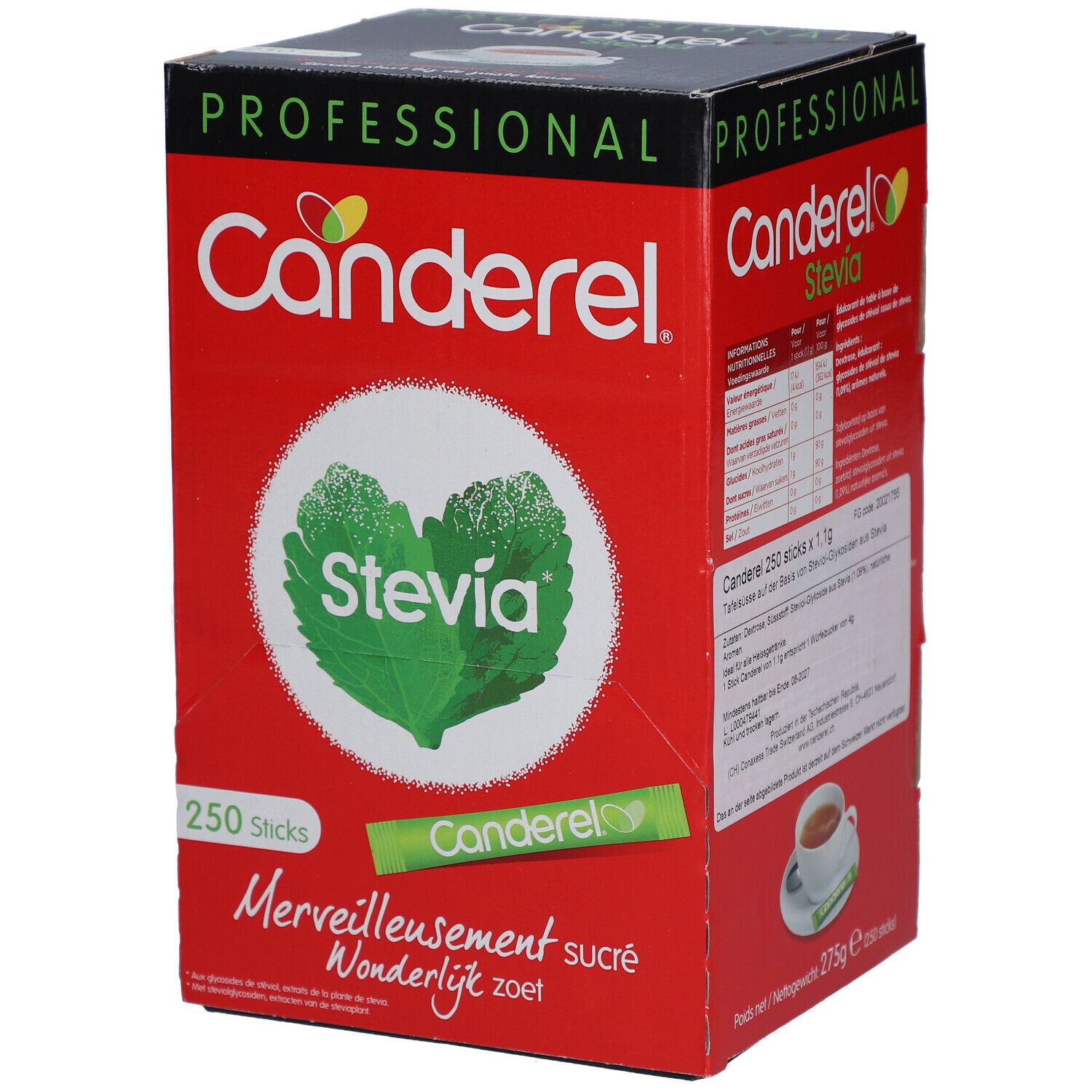 Boîte rouge Canderel avec 250 sticks. Logo, graphique feuille de Stevia, texte : Merveilleusement sucré, Wonderlijk zoet.
