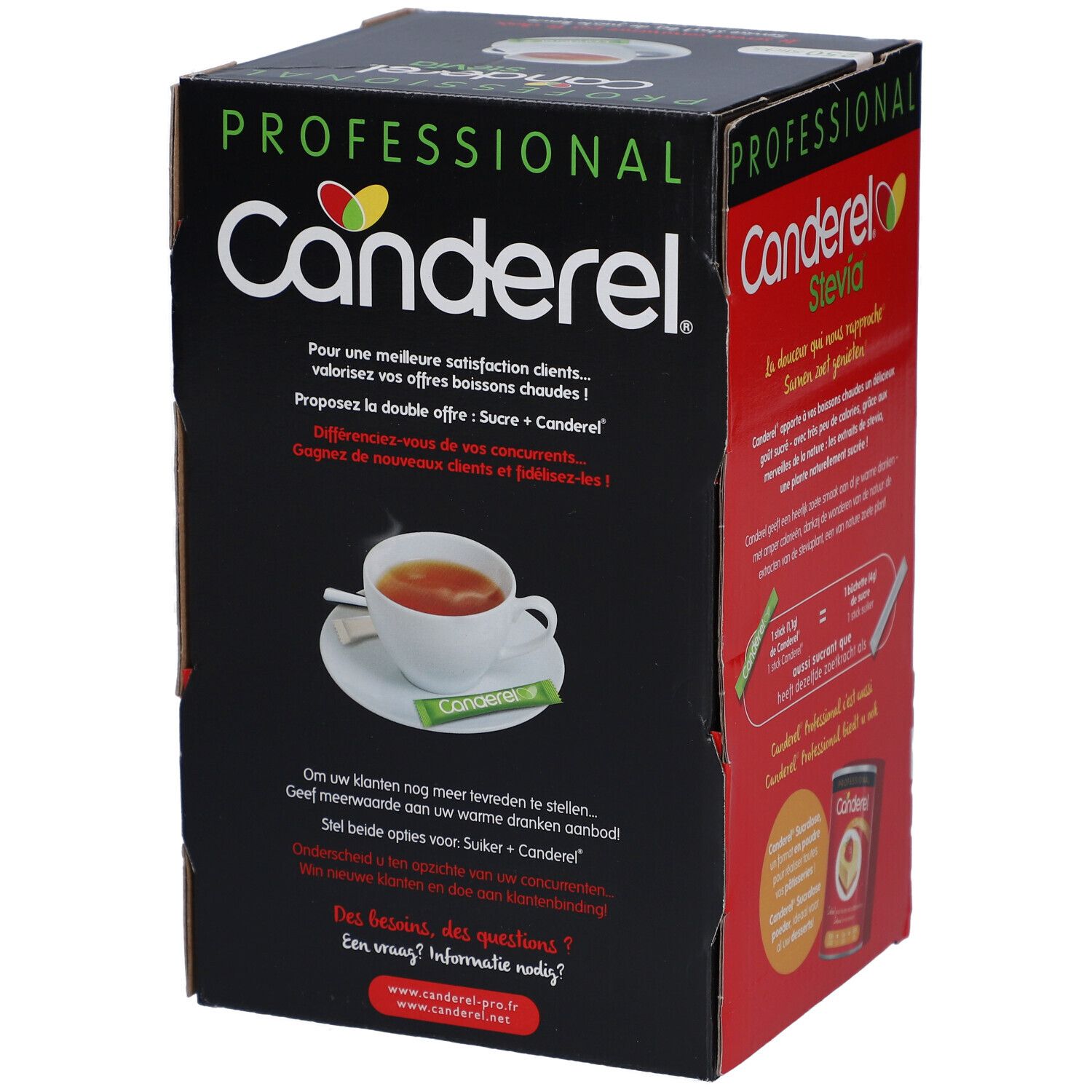 Boîte Canderel, fond noir. Texte et illustration d'une tasse de thé avec soucoupe et sucre.