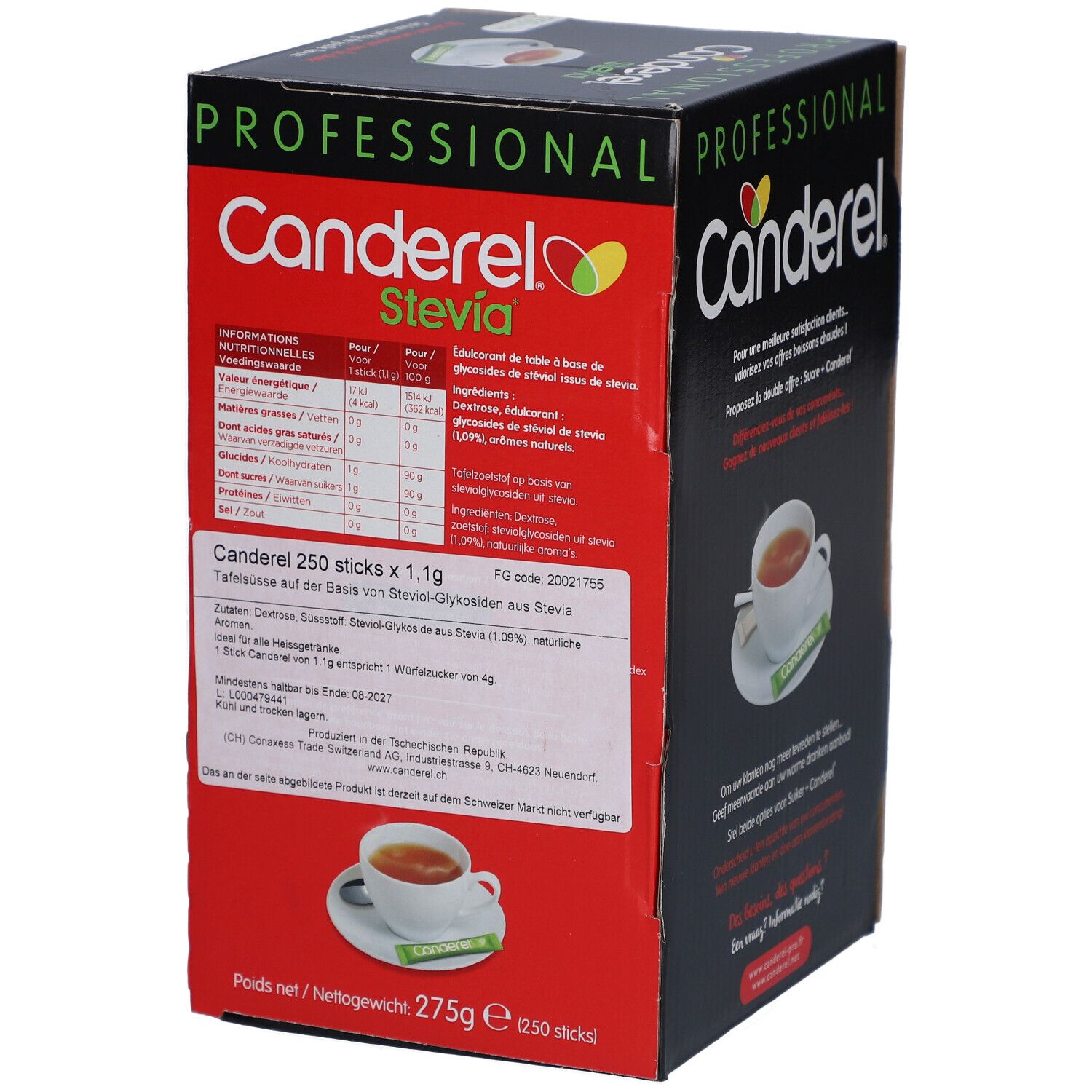 Dos de la boîte Canderel. Informations nutritionnelles, texte et illustration d'une tasse de thé avec soucoupe.