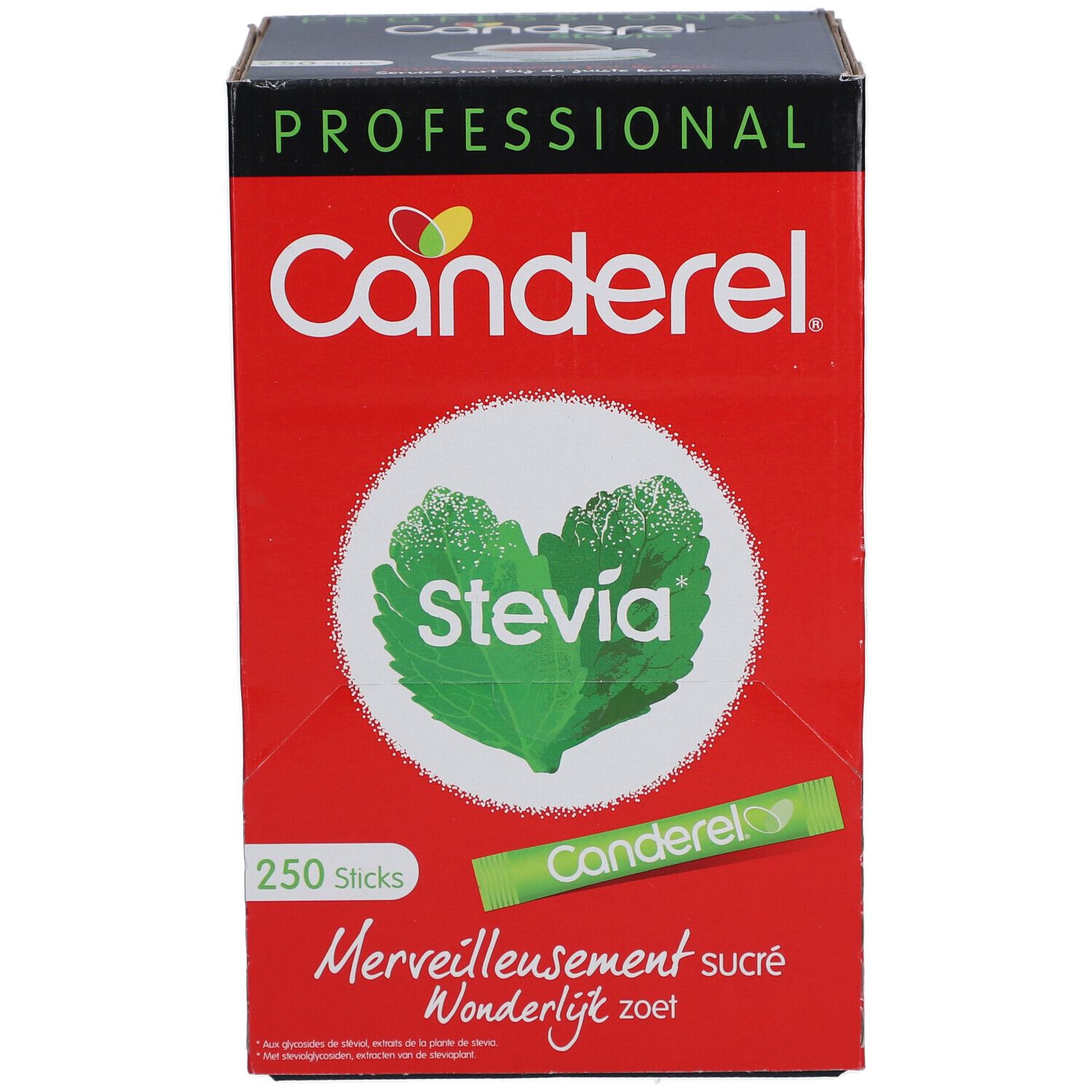 Boîte rouge Canderel avec 250 sticks. Logo, graphique feuille de Stevia, texte : Merveilleusement sucré, Wonderlijk zoet.