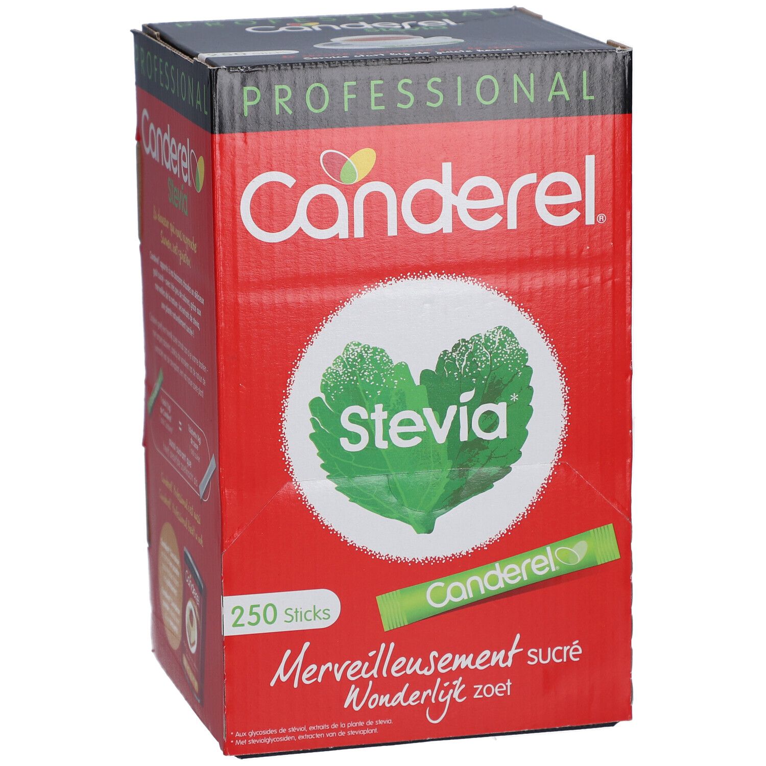 Boîte rouge Canderel avec 250 sticks. Logo, graphique feuille de Stevia, texte : Merveilleusement sucré, Wonderlijk zoet.