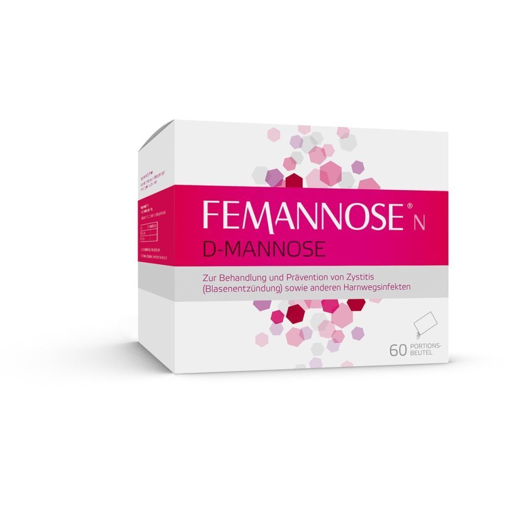FEMMANOSE® N D-Mannose. Weiße Schachtel mit pinkfarbenem Streifen. 60 Beutel. Zur Behandlung und Prävention von Zystitis.