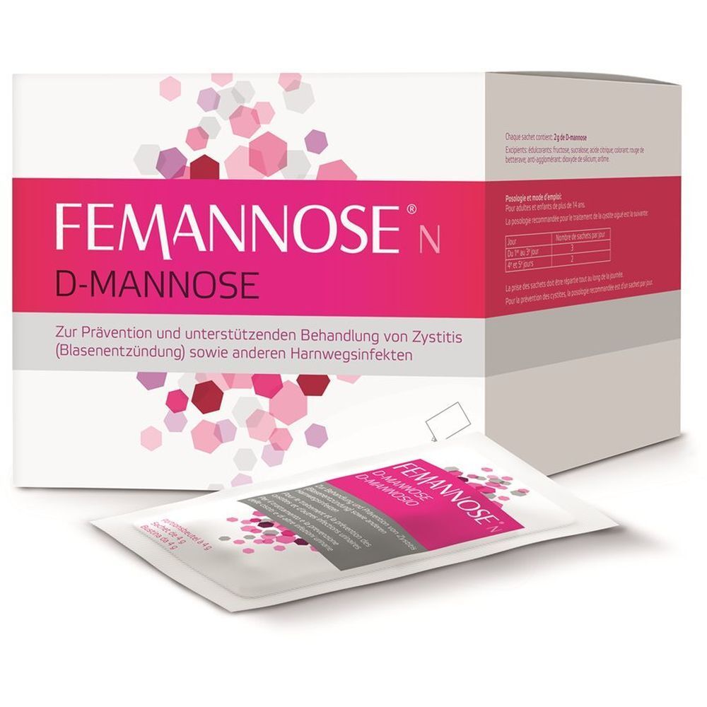 FEMMANOSE® N D-Mannose. Weiße Schachtel mit pinkfarbenem Streifen und einem Beutel. 60 Beutel. Zur Behandlung von Zystitis.
