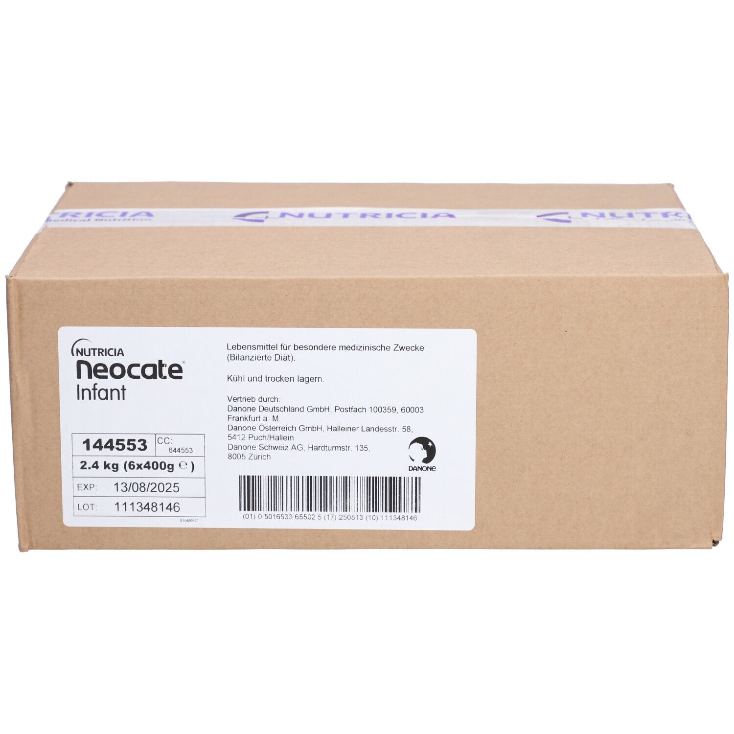Karton mit Aufschrift Neocate Infant. Enthält 2,4 kg (6x400g). Haltbarkeit bis 13/08/2025. Mit Nutricia-Logo und Barcode.