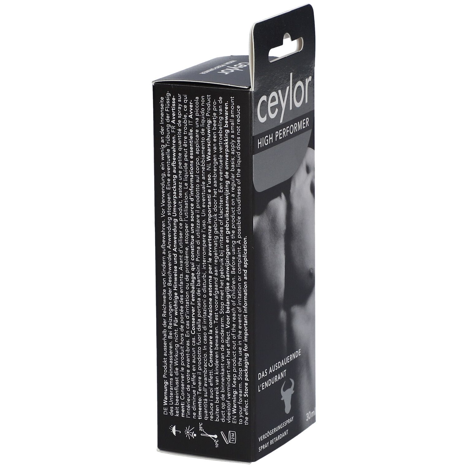 Schwarze Verpackung mit Produktnamen und Text. Seite mit Text und Abbildung eines Oberkörpers.