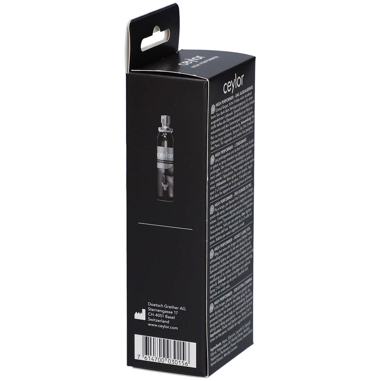 Schwarze Verpackung mit Produktnamen und Text. Seite mit Abbildung einer Flasche.