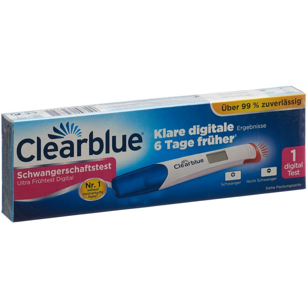 Verpackung von Clearblue Schwangerschaftstest. Digitales Testgerät abgebildet. Über 99% zuverlässig.