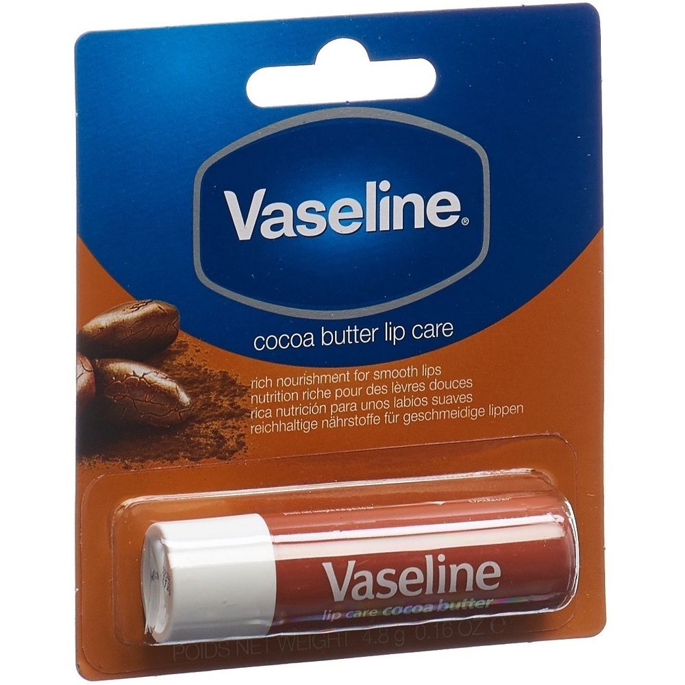 Vaseline Lippenbalsam Stick Kakaobutter in Blisterverpackung. Sichtbar: Stick, Verpackung mit Logo und Produktbezeichnung.