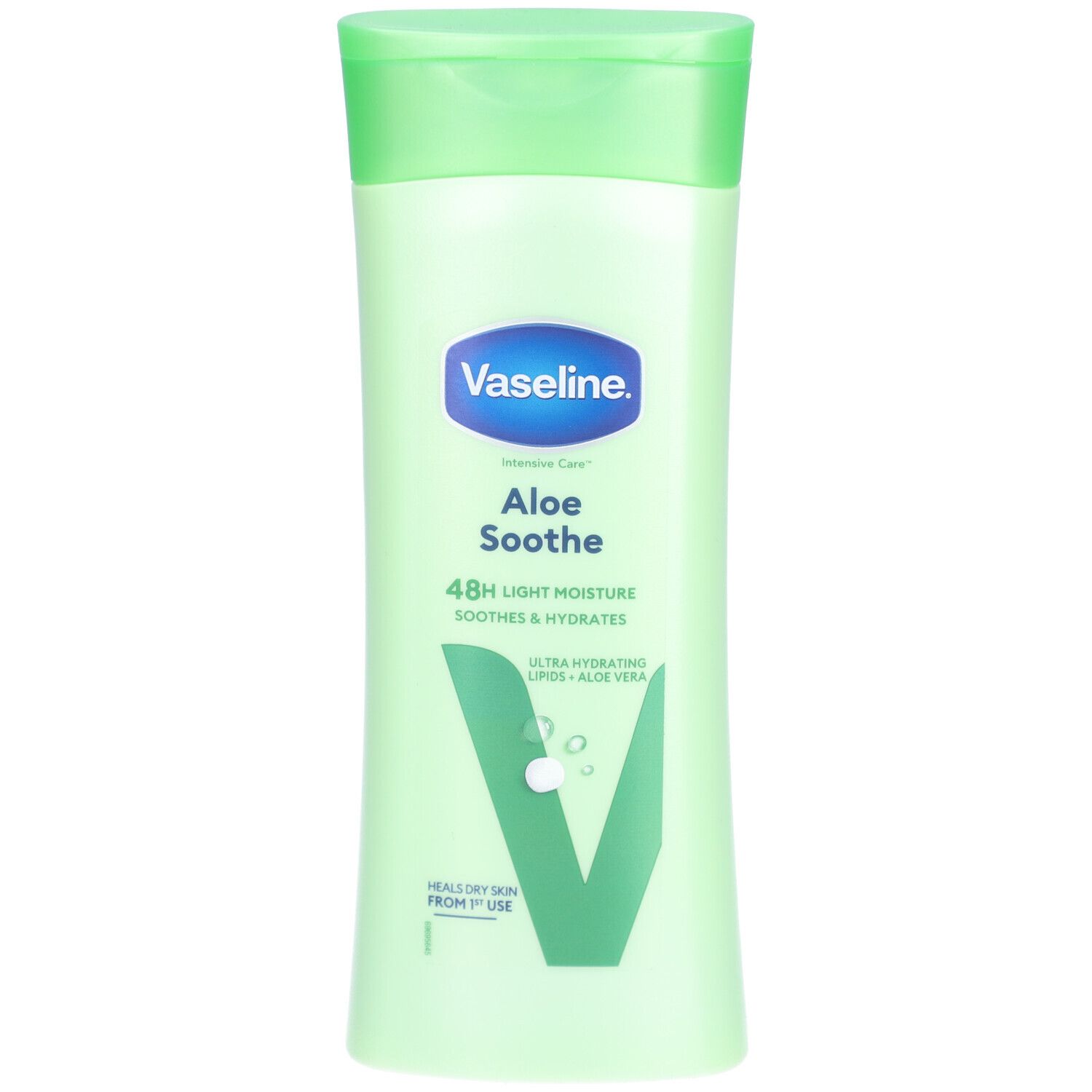 Grüne Flasche Vaseline Aloe Soothe Bodylotion. Blauer Aufkleber mit Produktnamen. Grüner Deckel. Text: 48H Light Moisture.