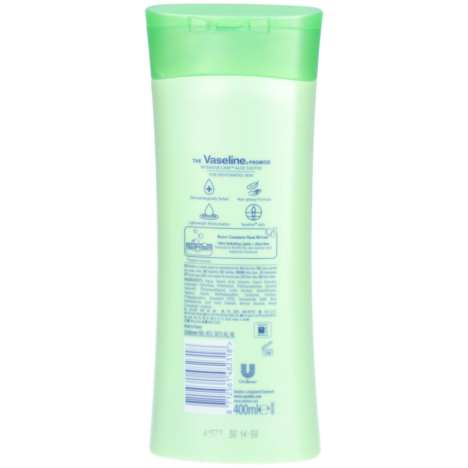 Rückseite der Vaseline Aloe Soothe Bodylotion-Flasche. Grüner Hintergrund. Text und Logos. Barcode und Volumenangabe.