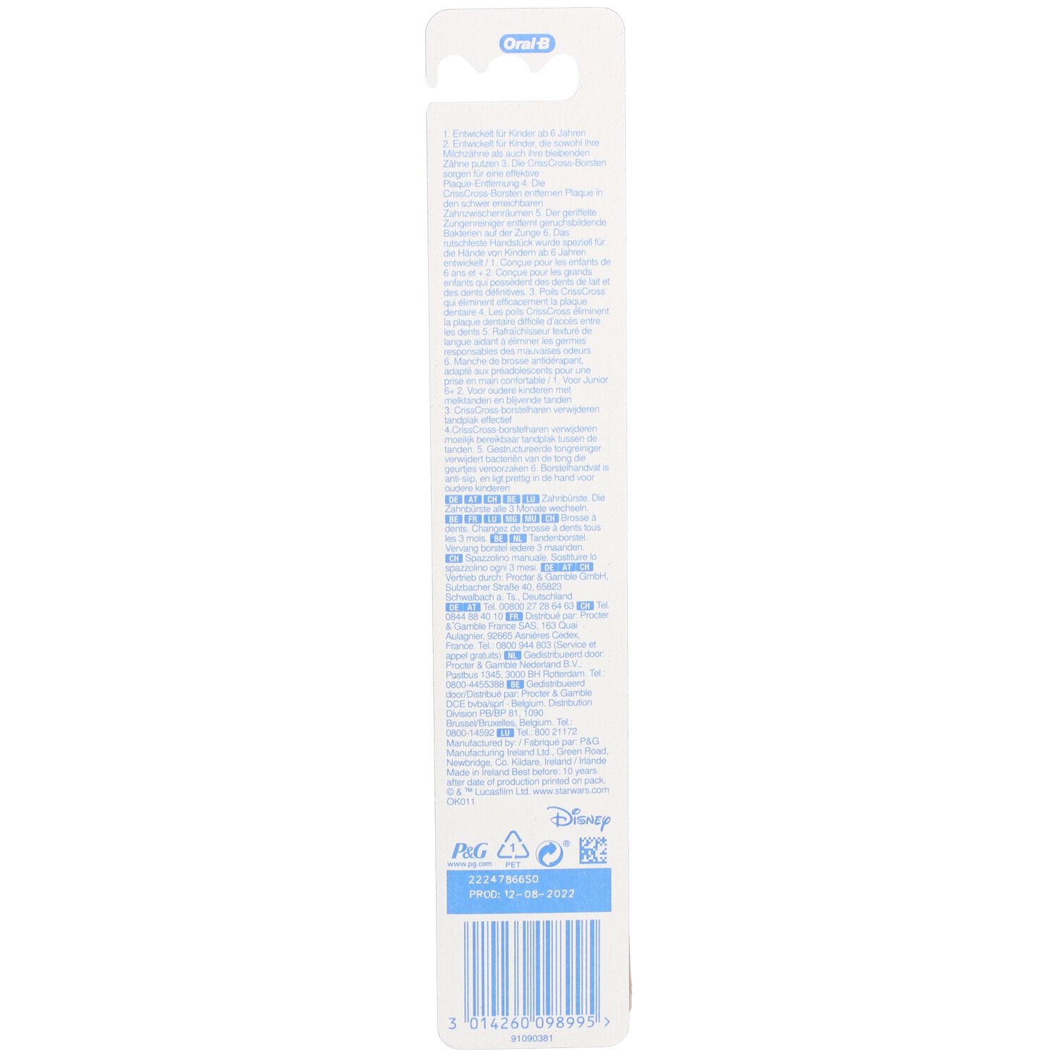 Rückseite der Zahnbürstenverpackung mit Text und Barcode. Marke Oral-B und Disney-Logo.