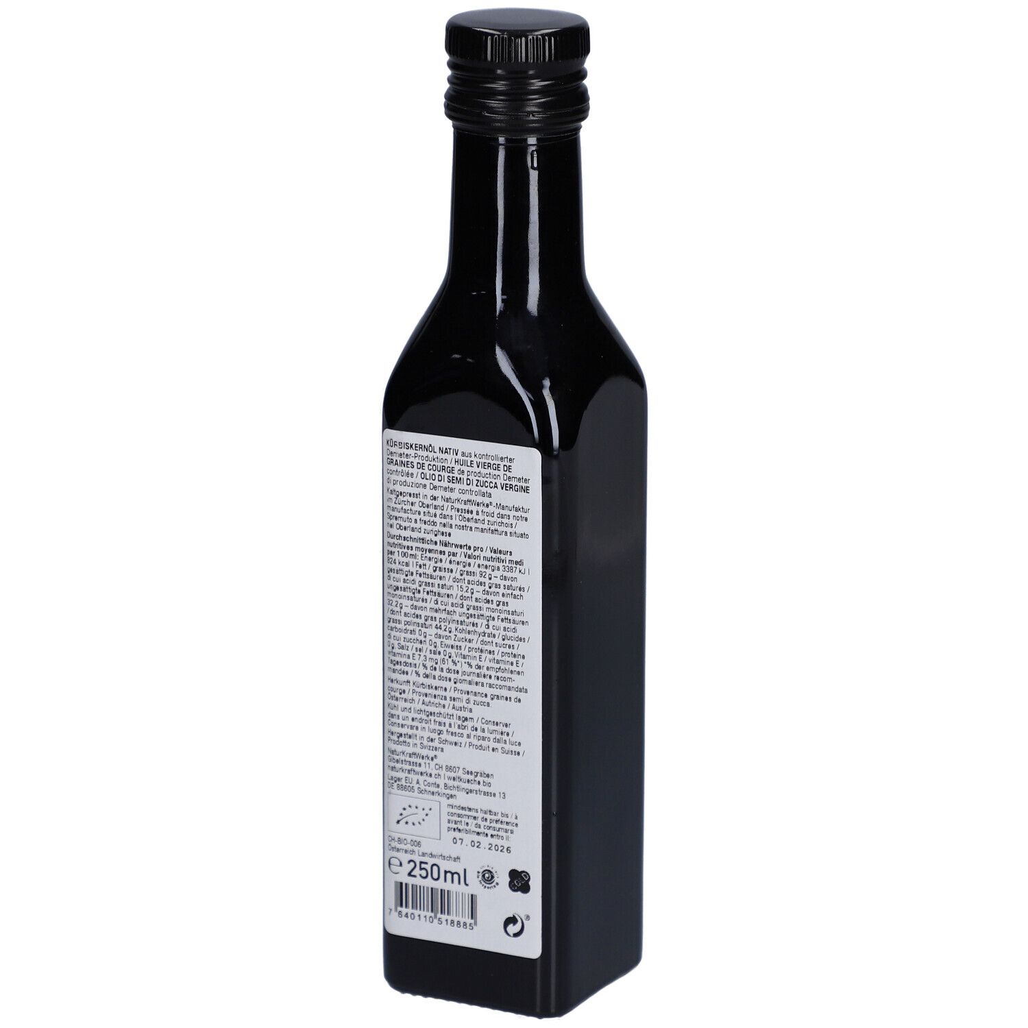 Rückseite der dunklen Glasflasche. Etikett mit Textinformationen und Zertifizierungen. Volumen 250ml.