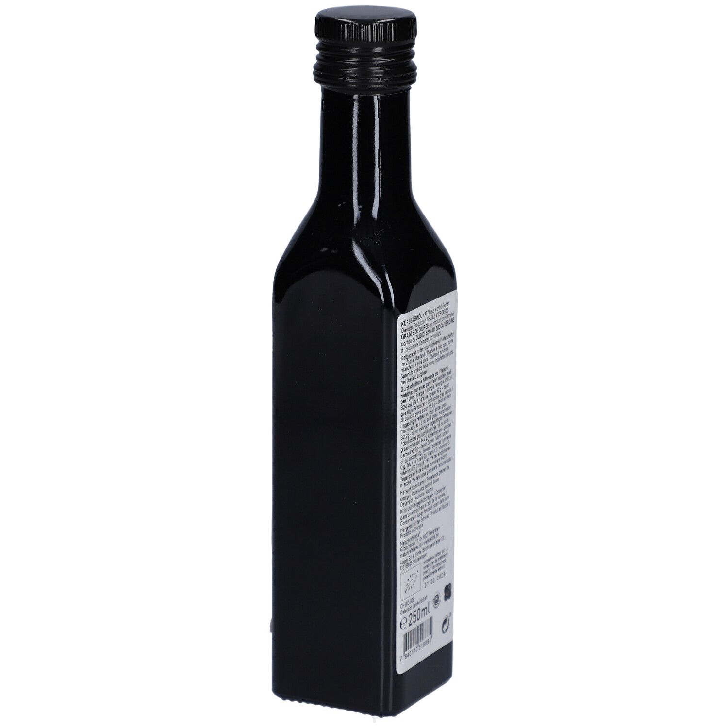 Dunkle Glasflasche, Seitenansicht. Etikett mit Textinformationen und Zertifizierungen. Volumen 250ml.