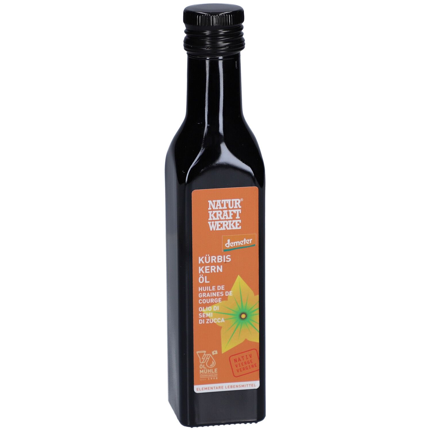 Dunkle Glasflasche mit schwarzem Deckel. Etikett mit Produktnamen und Logo. Demeter-Zertifizierung.