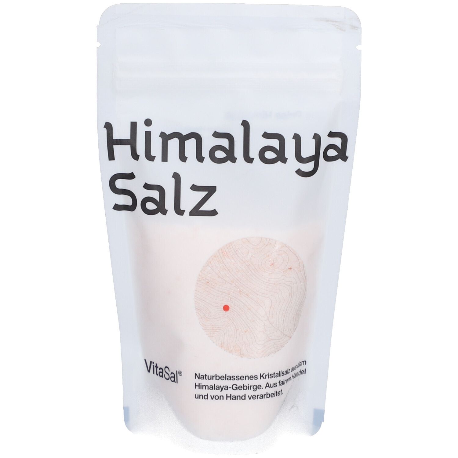 VitaSal Himalaya Salz-Fein in Beutel. Rosa Salz, weißer Beutel mit Aufschrift Himalaya Salz und VitaSal Logo.