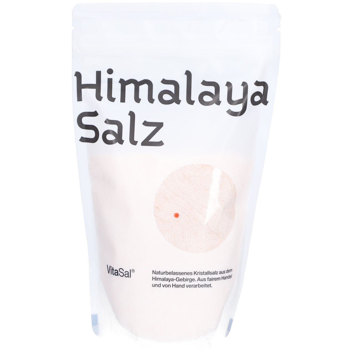VitaSal Himalaya Salz in Beutel. Weißer Beutel mit Produktnamen und Logo. Rosa Salz sichtbar.