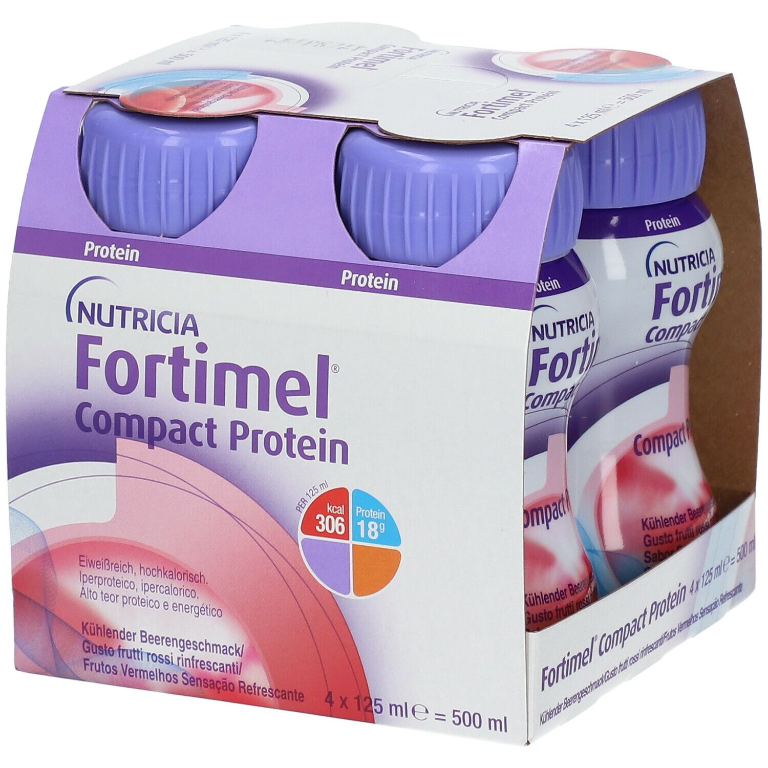 Packung mit vier Flaschen. Aufschrift: Fortimel Compact Protein. Lila Deckel, weiße Flaschen mit rotem Design. 4 x 125 ml.