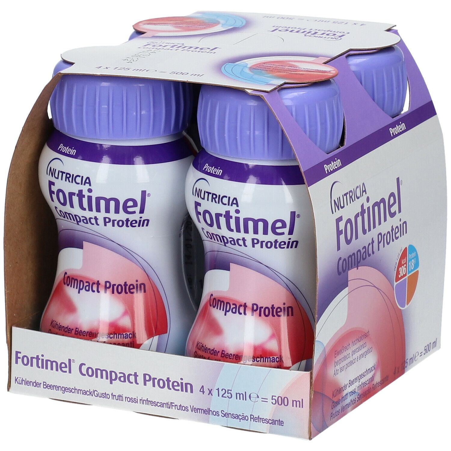 Packung mit vier Flaschen. Aufschrift: Fortimel Compact Protein. Lila Deckel, weiße Flaschen mit rotem Design. 4 x 125 ml.